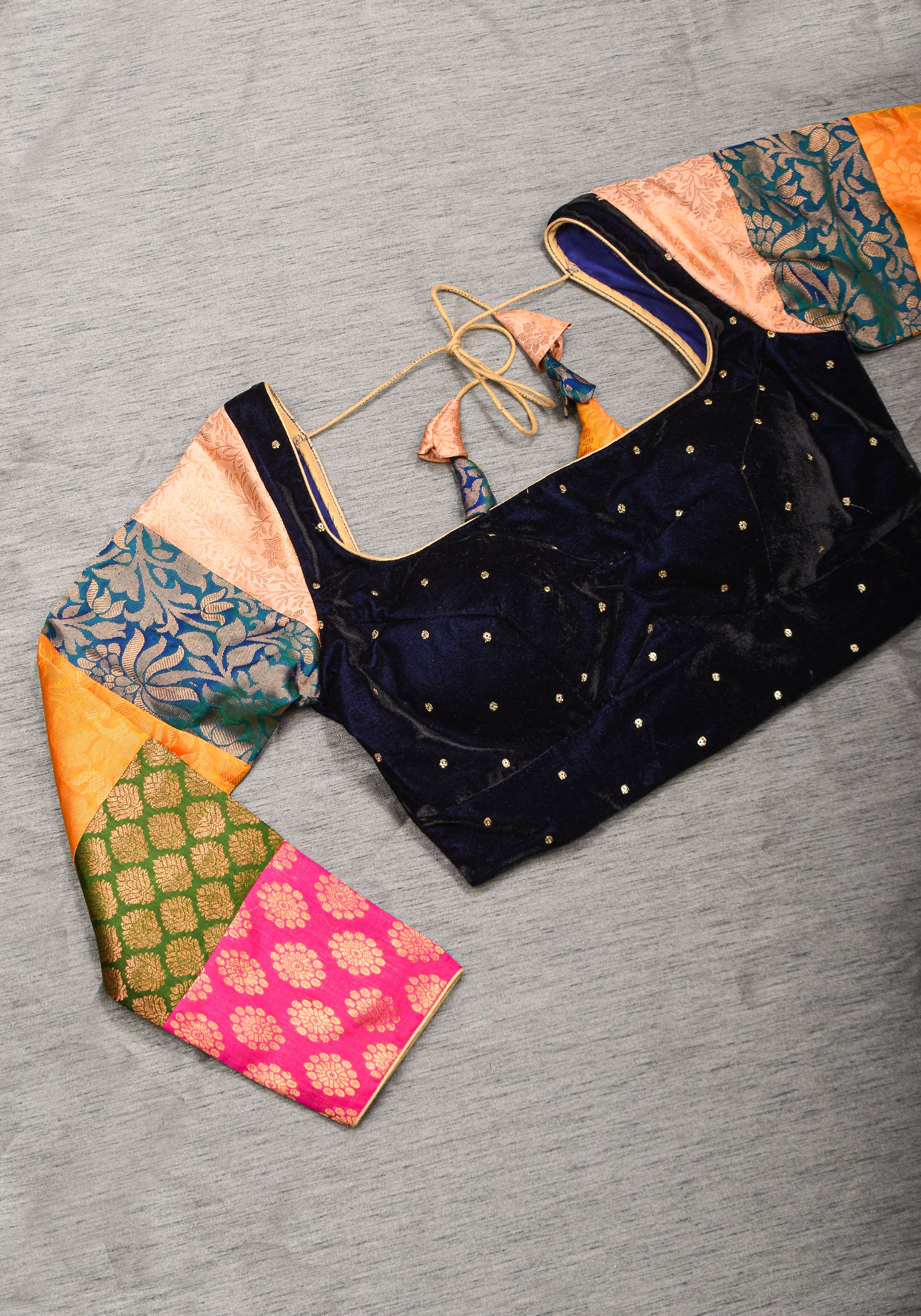 Statement Patchwork Pure Kanjivaram Silk Brocade and Midnight Blue Velvet Blouse  , Made to Order | Shobitam