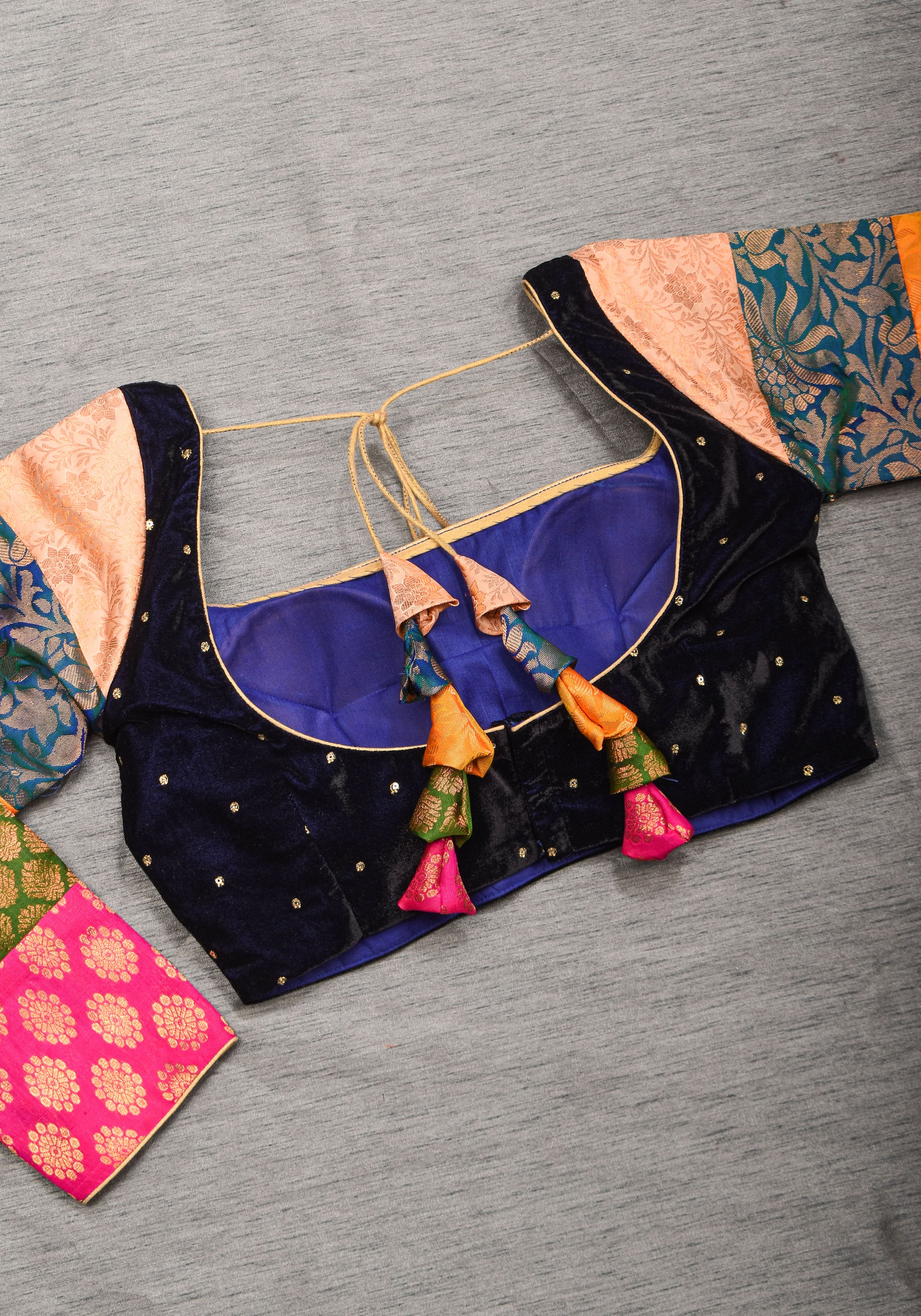 Statement Patchwork Pure Kanjivaram Silk Brocade and Midnight Blue Velvet Blouse  , Made to Order | Shobitam