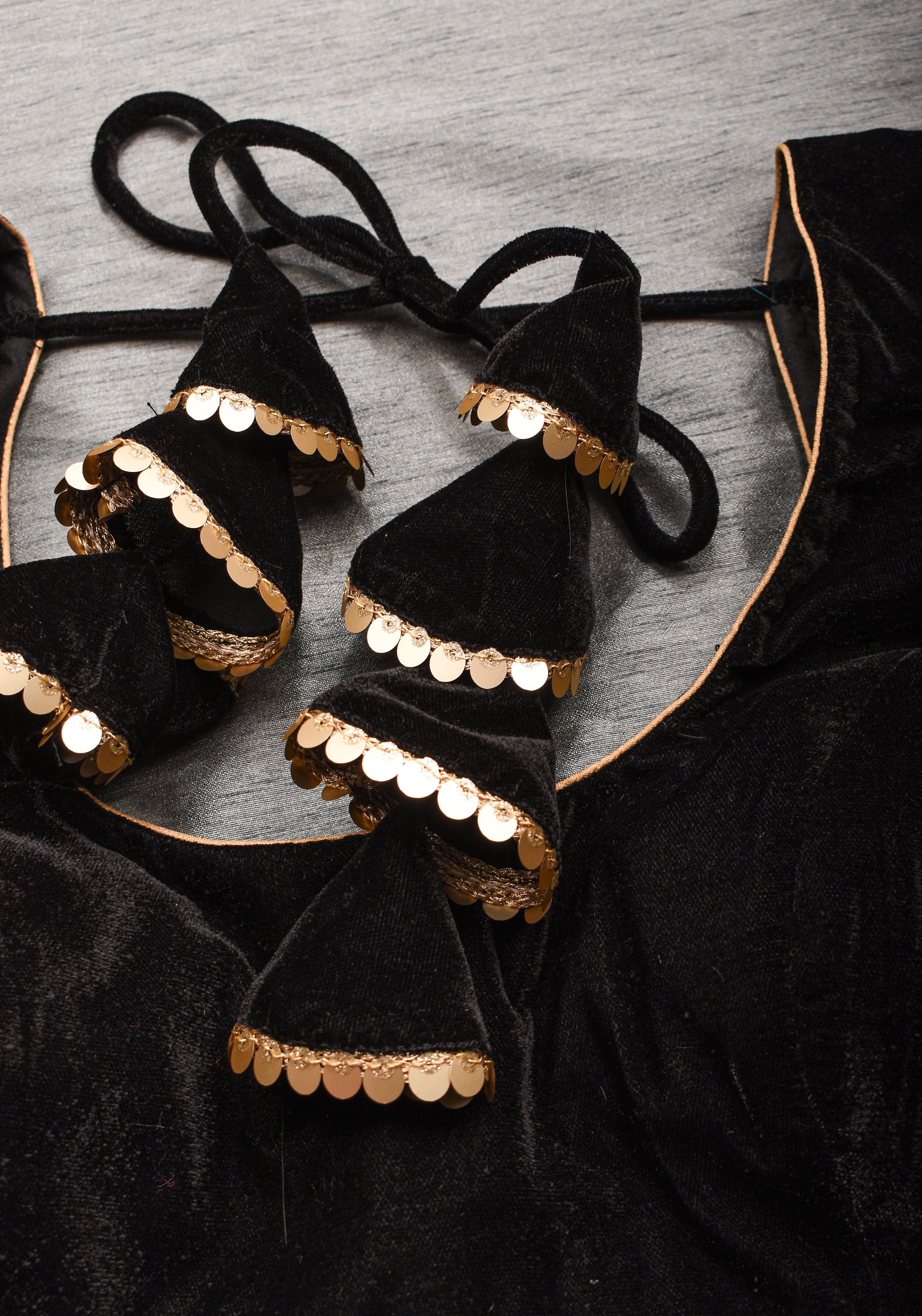 Black velvet with sequin handwork cuff Blouse, rounded V neckline,  Made to Order | Shobitam