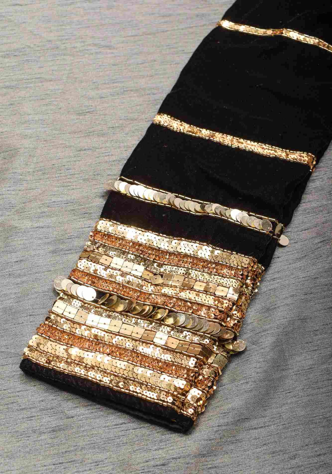 Black velvet with sequin handwork cuff Blouse, rounded V neckline, Made to Order