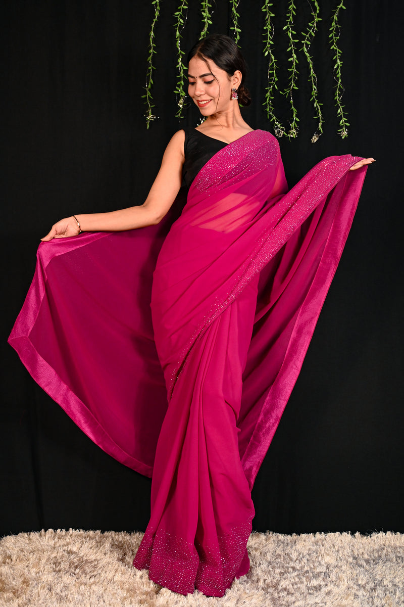 Ready To Wear Magenta Color Soft Satin Georgette With Stone Work All Over Wrap in 1 minute saree
