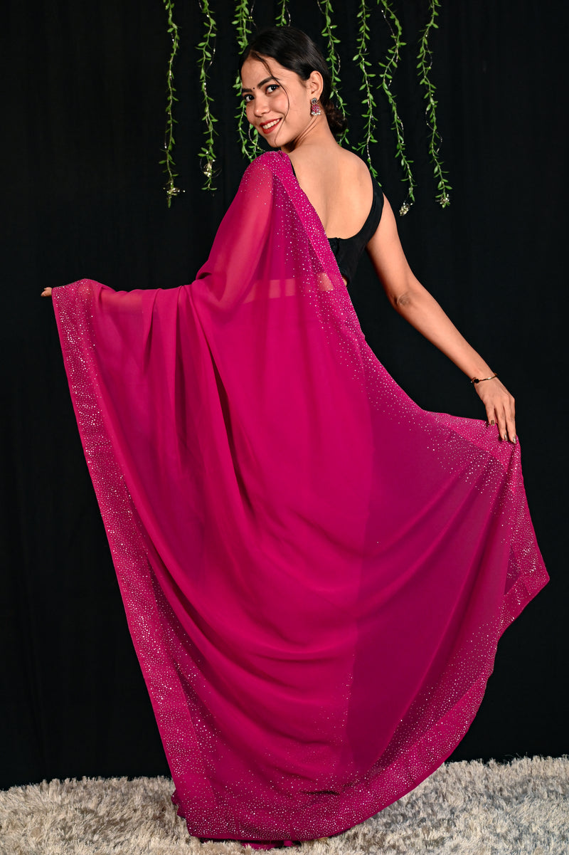 Ready To Wear Magenta Color Soft Satin Georgette With Stone Work All Over Wrap in 1 minute saree