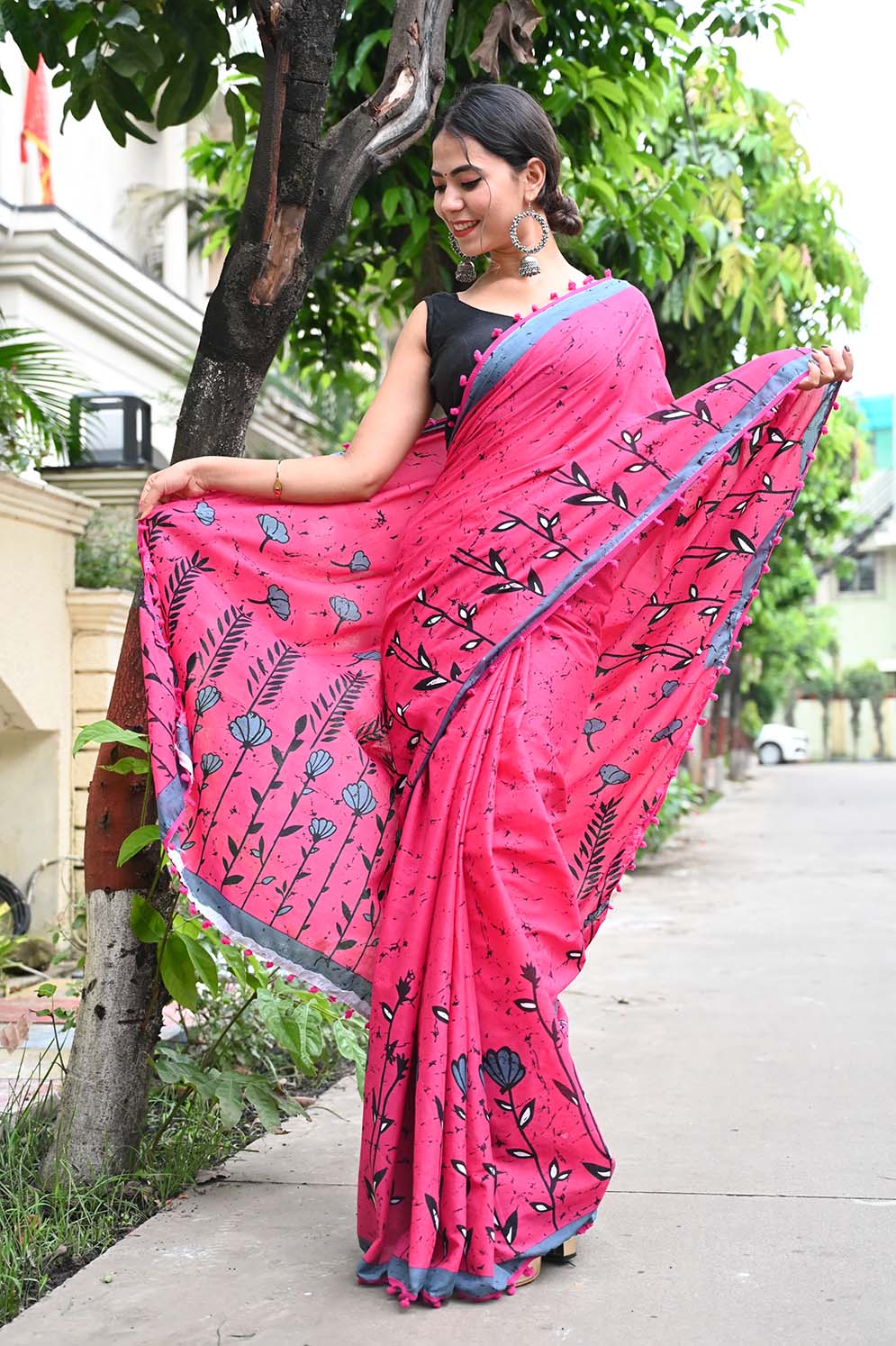 Ready to wear Pink Handblock Printed Mul Mul Cotton With Pom Pom Wrap in 1 minute Saree - Isadora Life