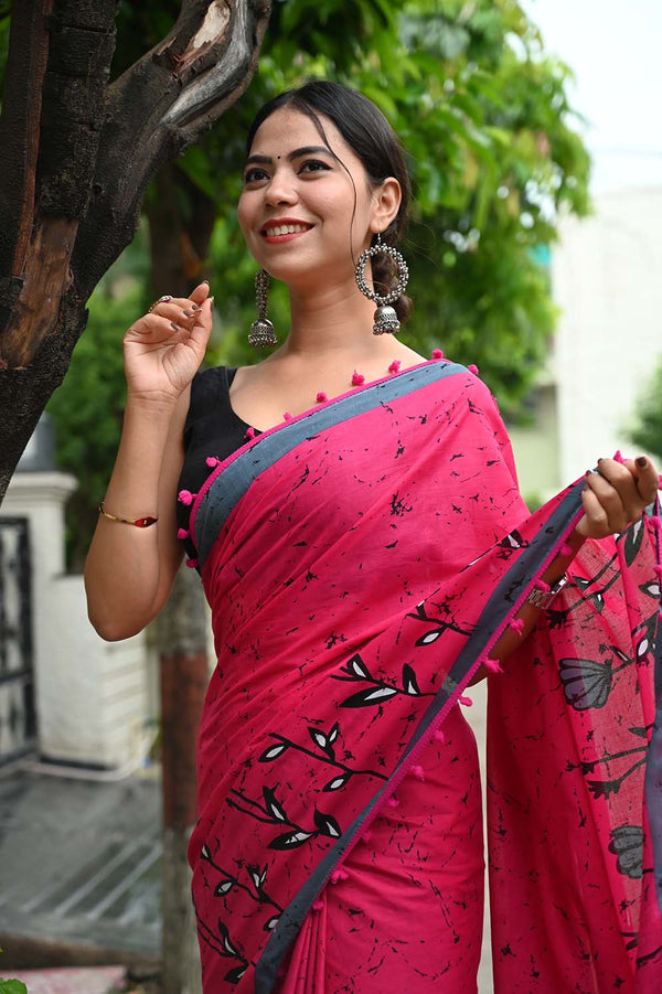 Ready to wear Pink Handblock Printed Mul Mul Cotton With Pom Pom Wrap in 1 minute Saree