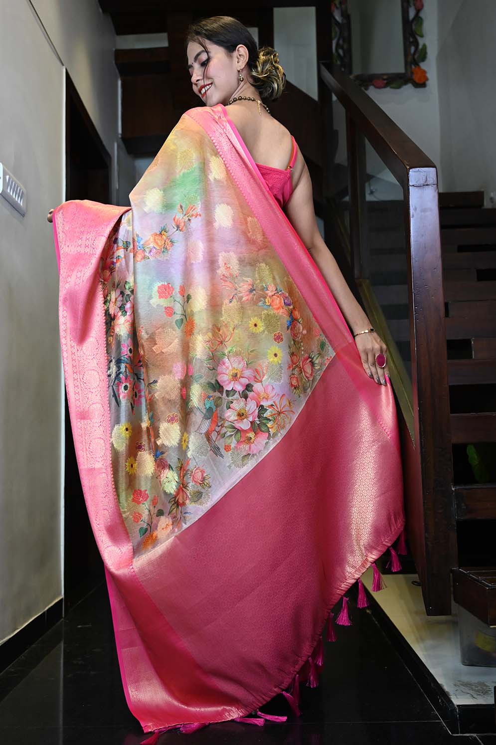 Ready To Wear Silk Chanderi Artistic Floral Printed With Gold Tonned Zari Border   Wrap in 1 minute saree - Isadora Life