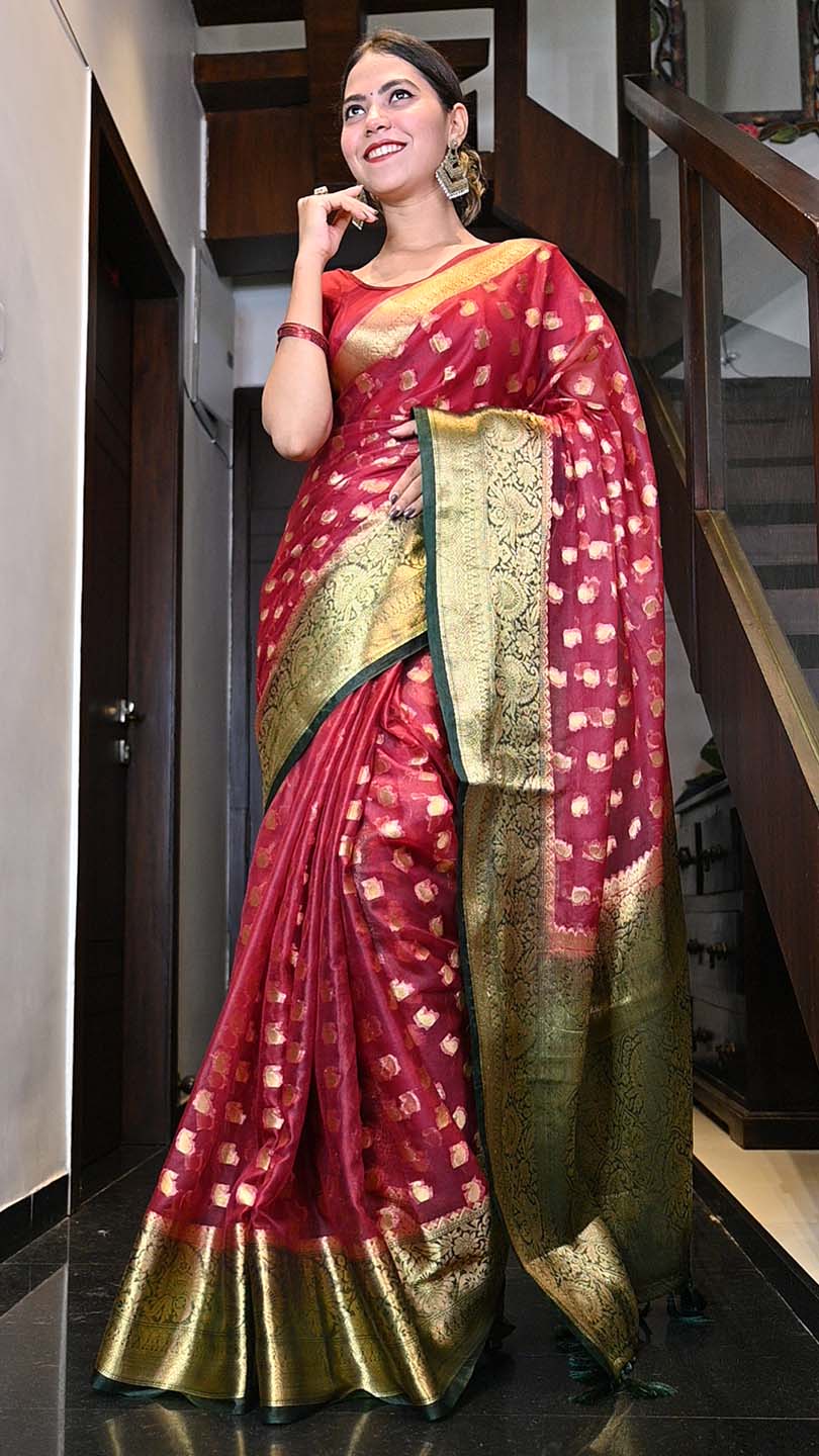 Ready To Wear Maroon & Green Ethnic Motif Woven Georgette Kanjeevaram  Wrap in 1 minute saree - Isadora Life