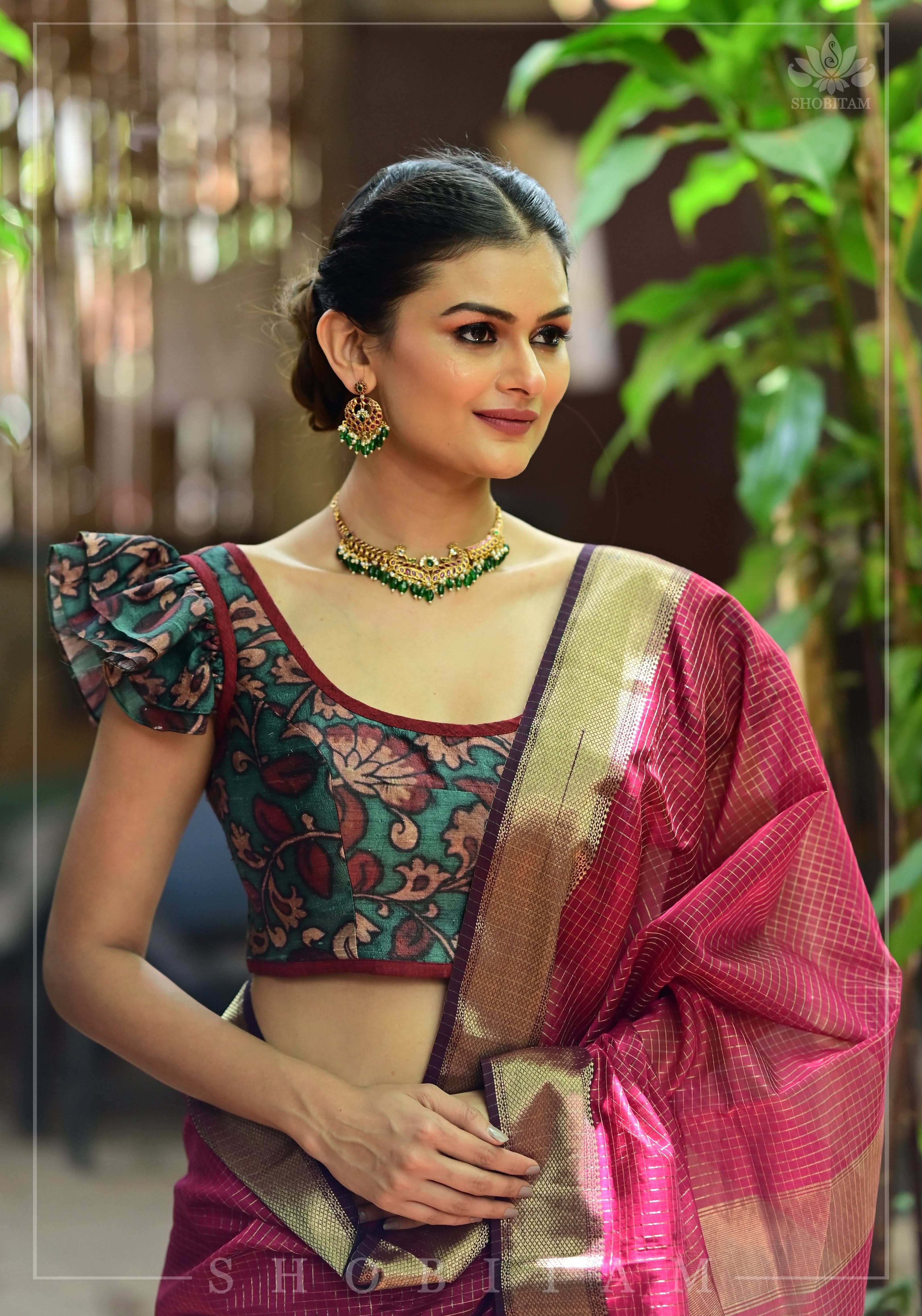 Grayish Teal Pure Raw Silk Blouse with Kalamkari Digital Print and Double Frill Sleeves