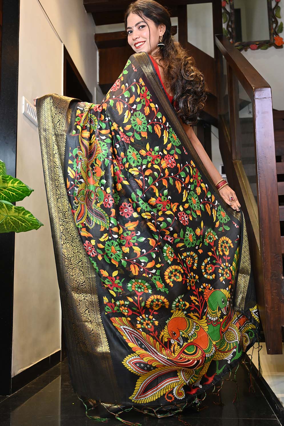 Ready To Wear Bhagalpuri Silk Kalamkari printed with woven design border  Wrap in 1 minute saree - Isadora Life