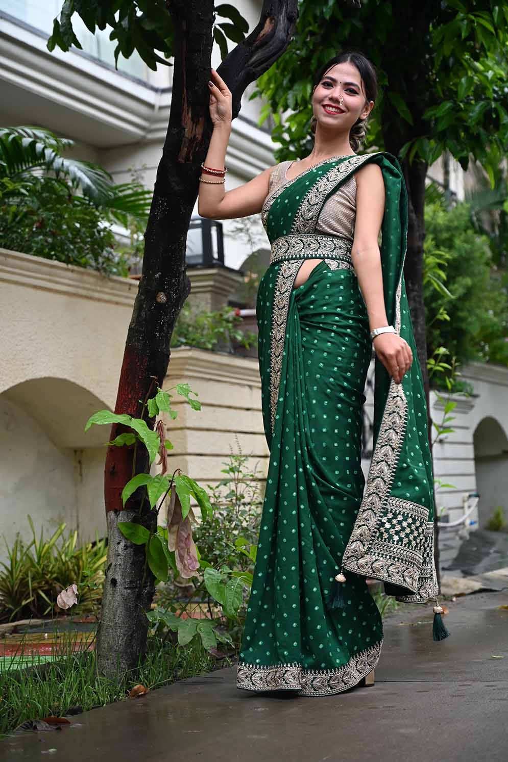 Ready To Wear Bottle Green Premium Soft Silk With Heavy Zari Embroidered Over all Buttis  Wrap in 1 minute saree - Isadora Life
