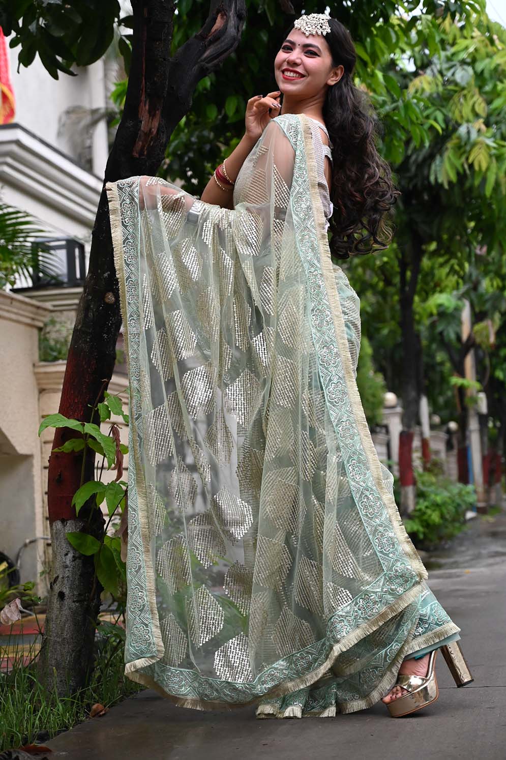 Ready To Wear Green Net & Golden Geometric  Sequin Embellished  Wrap in 1 minute saree - Isadora Life