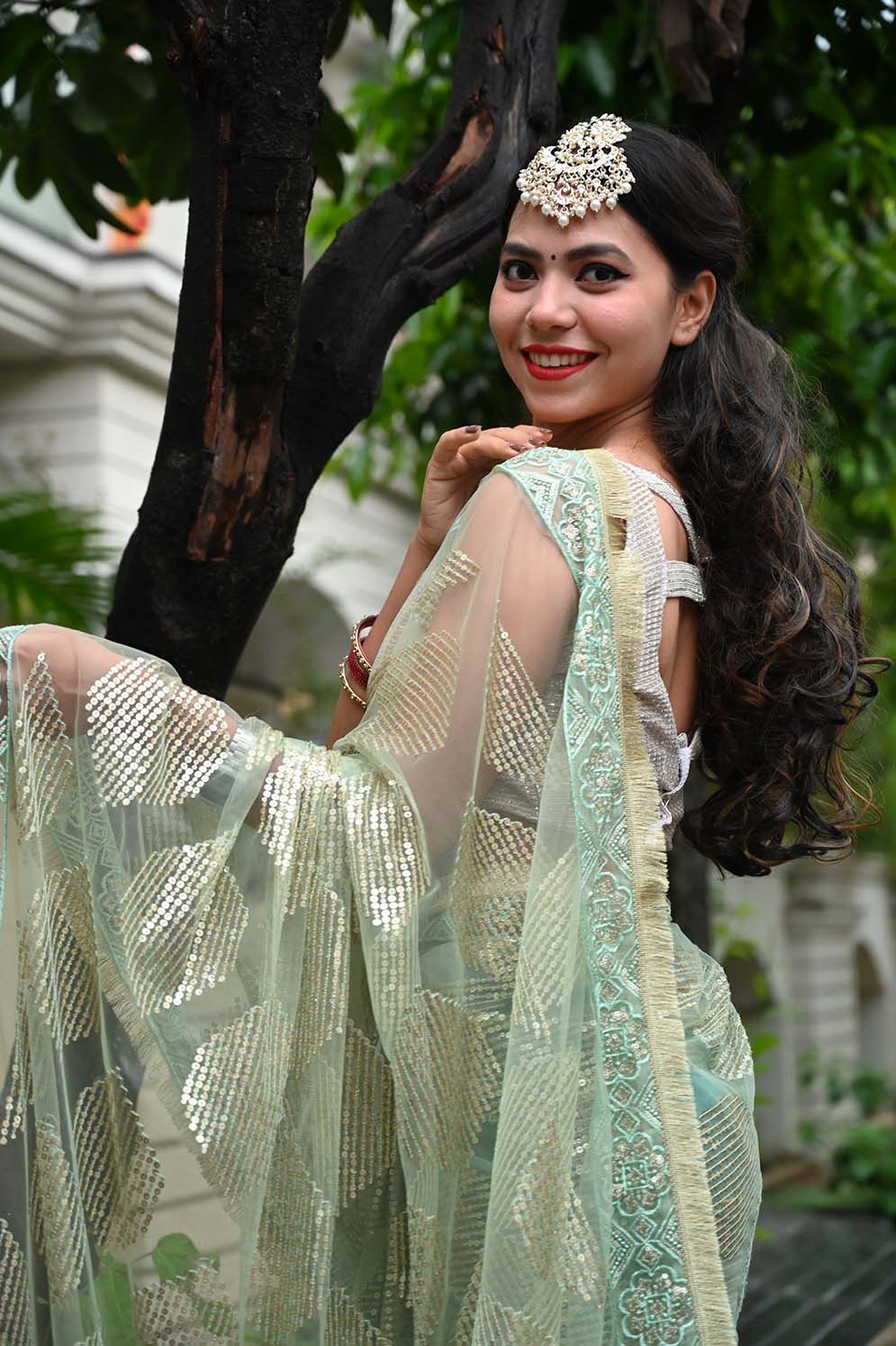 Ready To Wear Green Net & Golden Geometric  Sequin Embellished  Wrap in 1 minute saree - Isadora Life