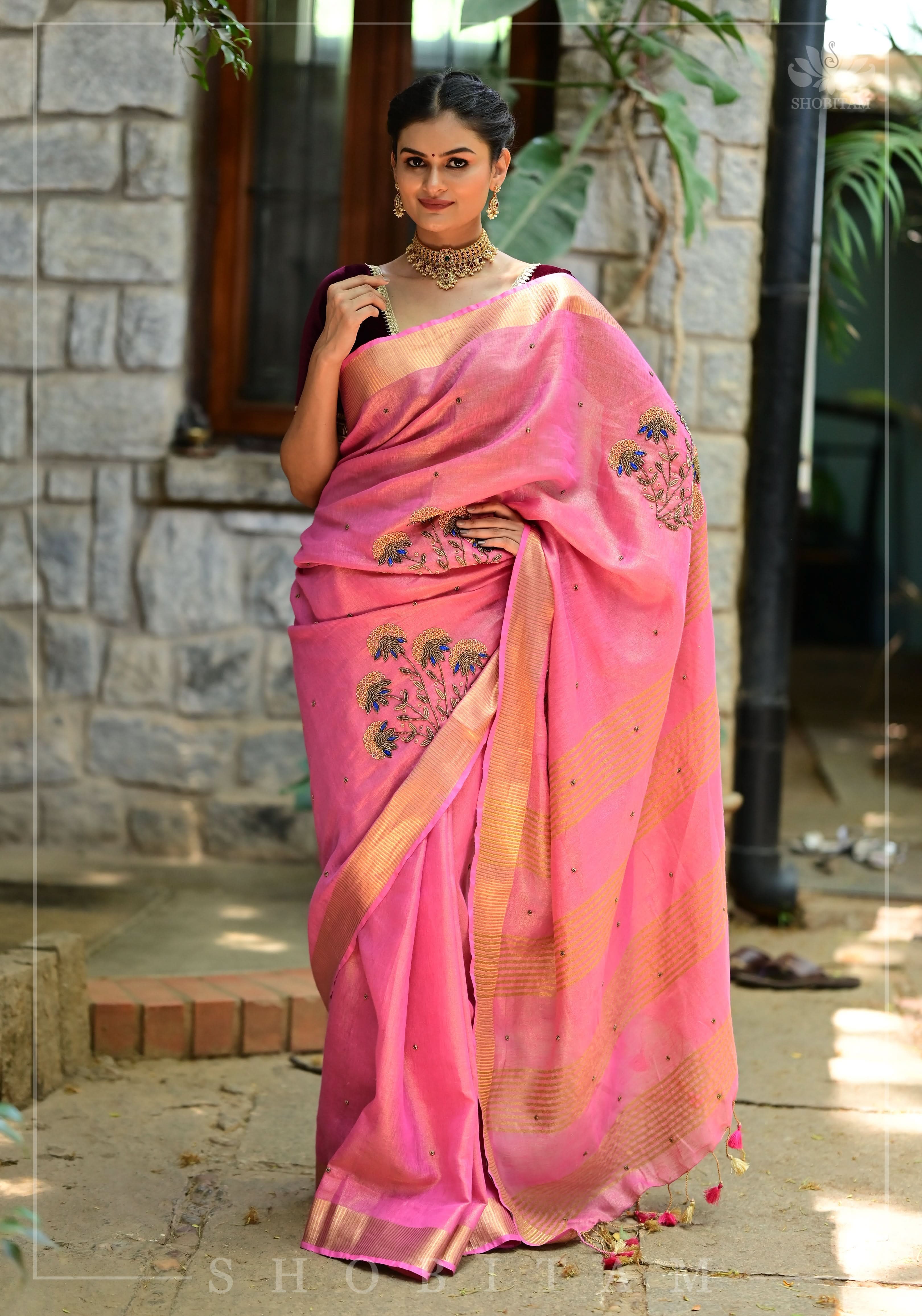 Bead and embroidery handwork on Tissue Linen Saree in Pink and Gold Tissue | Shobitam