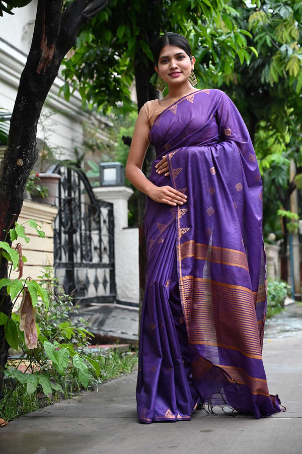 Ready To Wear Premium Purple Bhagalpuri Linen Slub Black Zari interwoven butis and ornate pallu Wrap in 1 minute saree