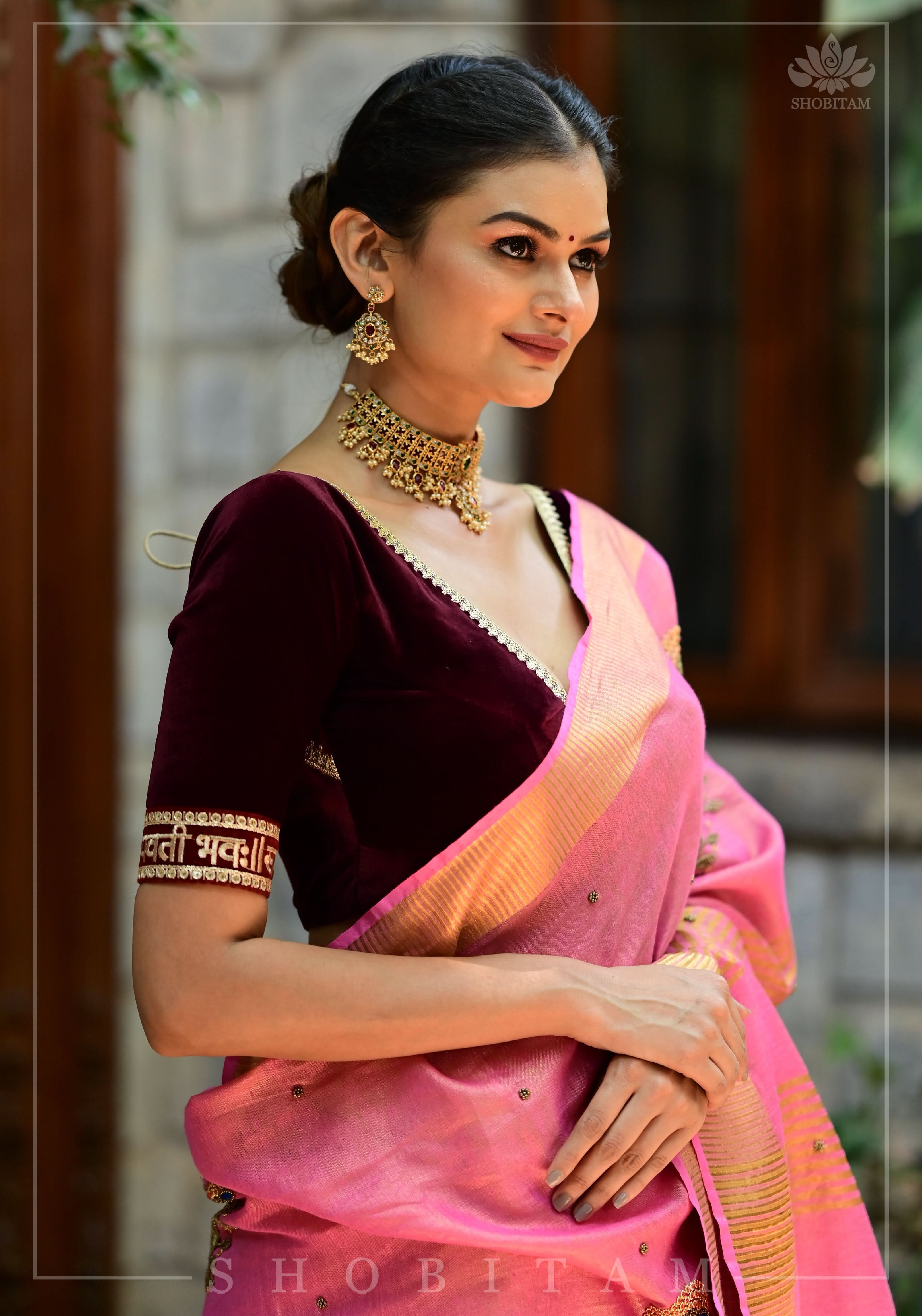 Exquisite Sada Sowbhagyawati Trim Border on Maroon Velvet Blouse | Shobitam
