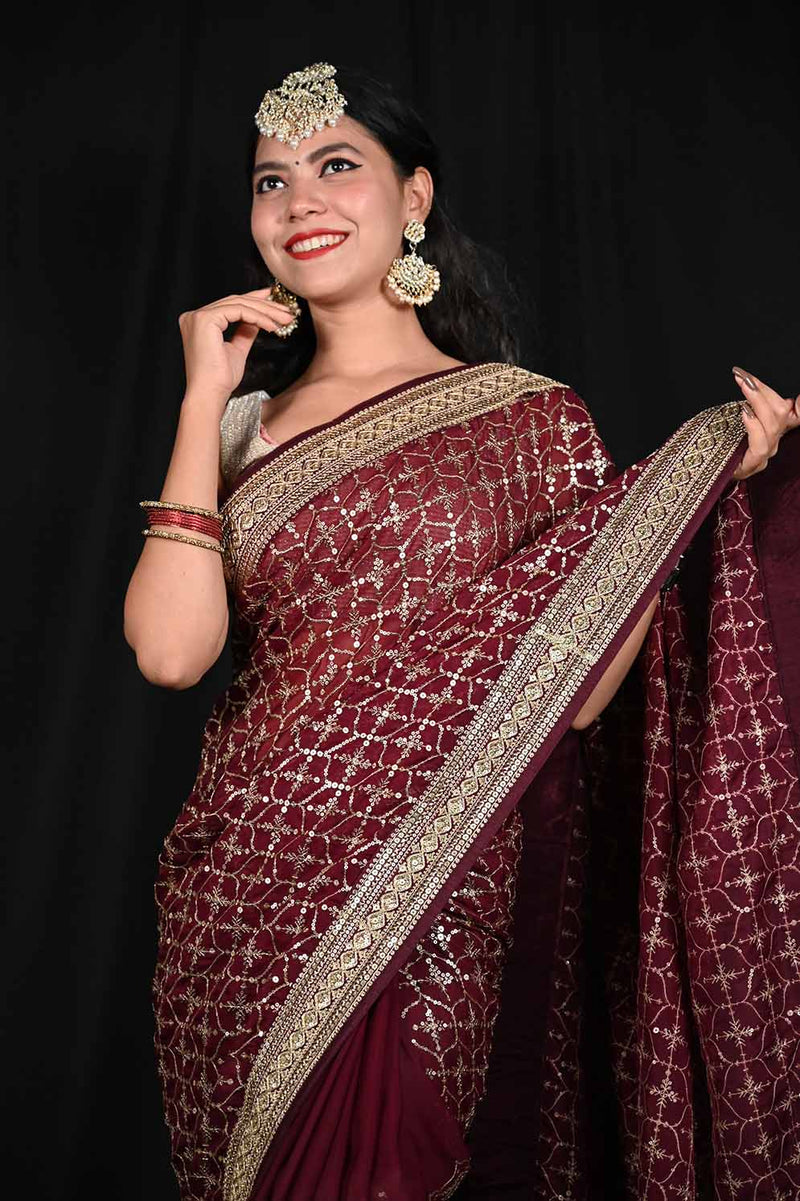 Ready To Wear Maroon Heavily Embroidered Sequin With Zari Bordered Wrap in 1 minute saree - Isadora Life