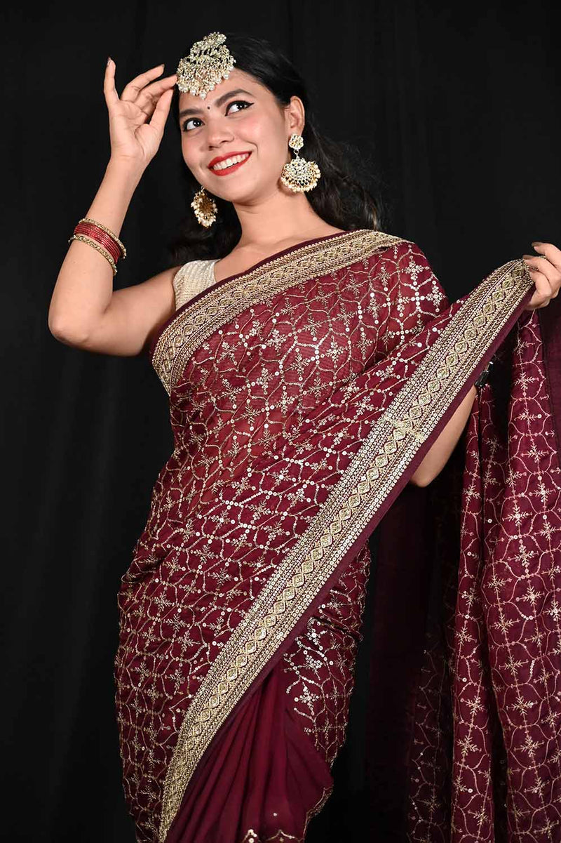 Ready To Wear Maroon Heavily Embroidered Sequin With Zari Bordered Wrap in 1 minute saree - Isadora Life