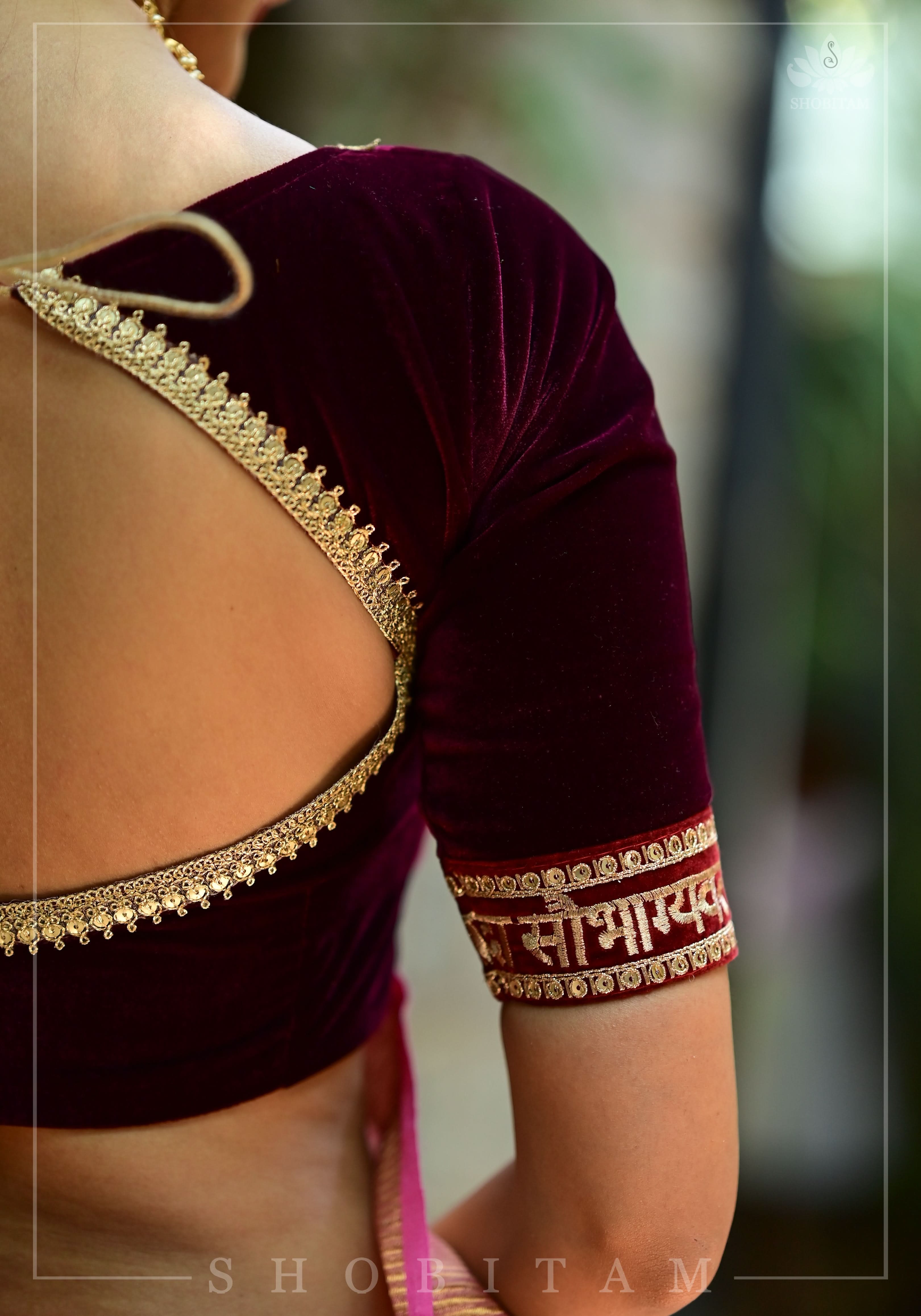 Exquisite Sada Sowbhagyawati Trim Border on Maroon Velvet Blouse | Shobitam