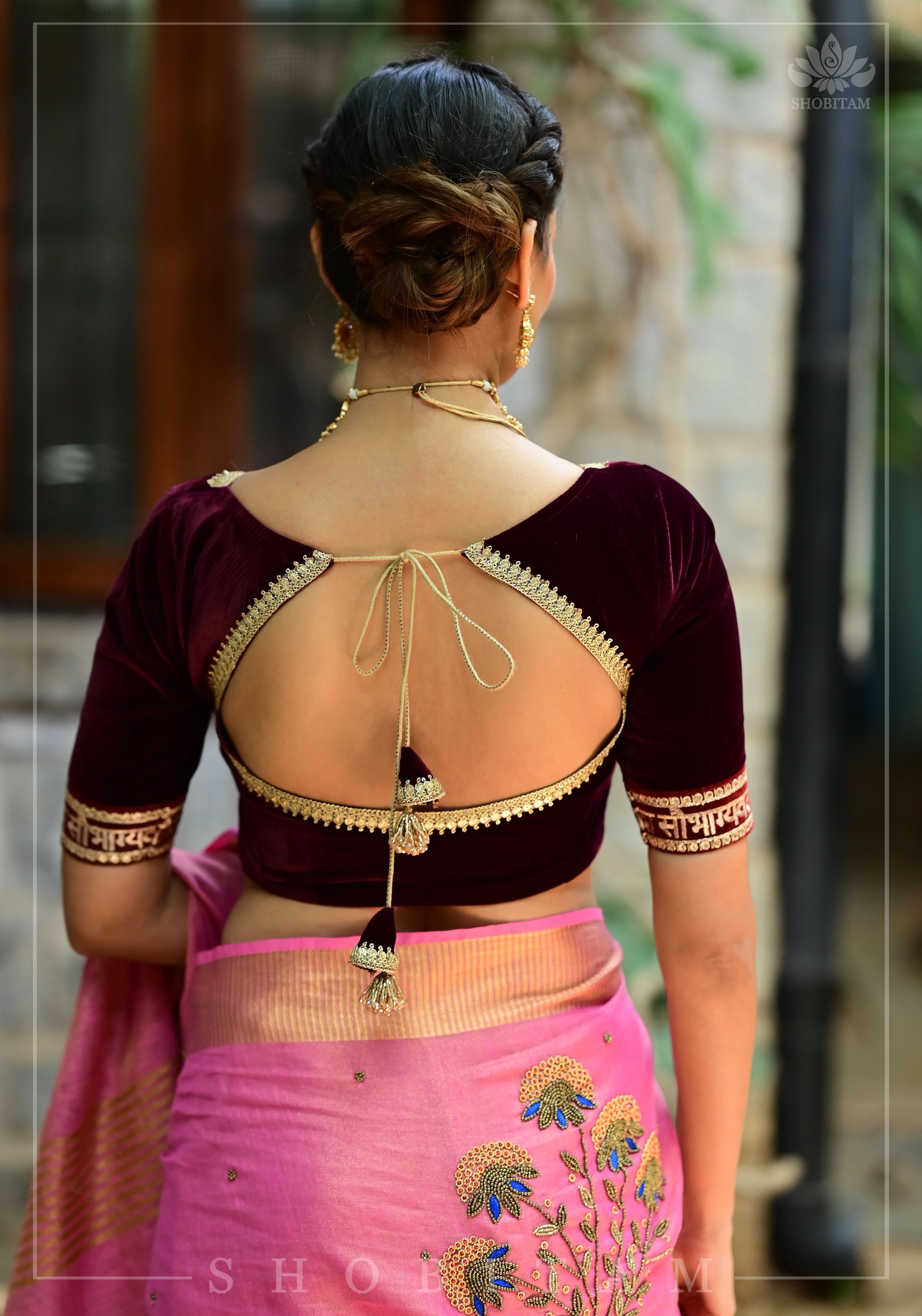 Exquisite Sada Sowbhagyawati Trim Border on Maroon Velvet Blouse | Shobitam