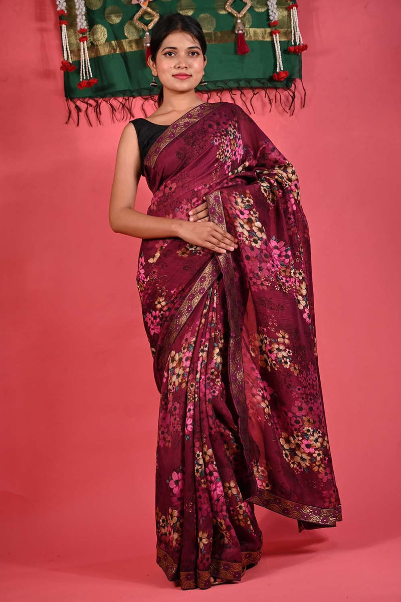 Ready To Wear Beautiful Wine Floral Printed Georgette With Embroidered Detailed  Border  Wrap in 1 minute saree - Isadora Life