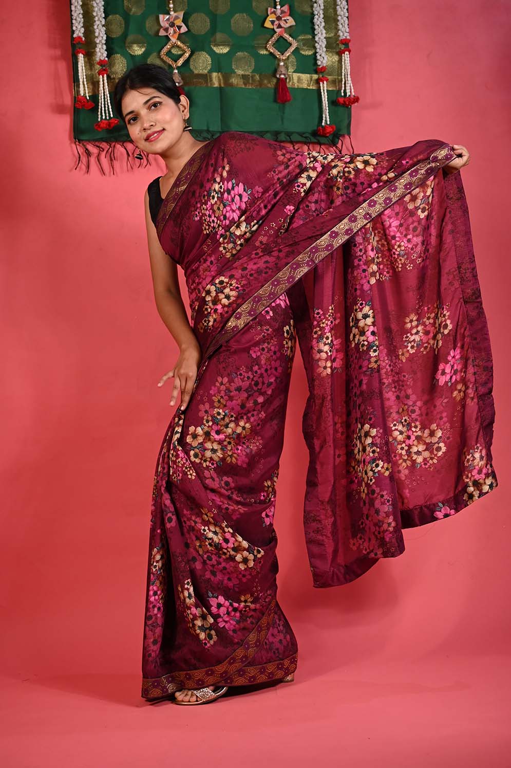 Ready To Wear Beautiful Wine Floral Printed Georgette With Embroidered Detailed  Border  Wrap in 1 minute saree - Isadora Life