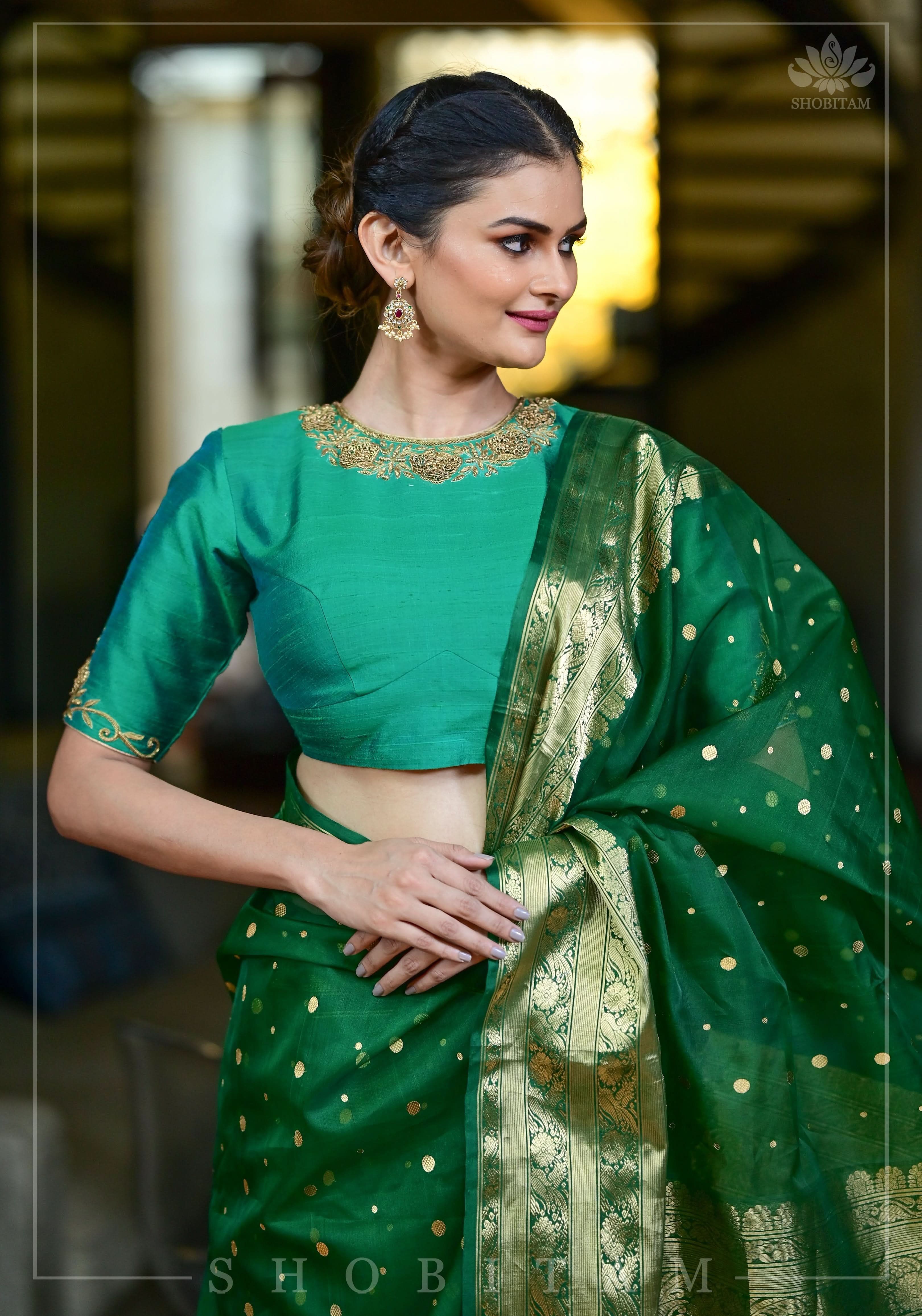 Green Dual Tone Pure Raw Silk Blouse with Antique Tone Zardosi work | Shobitam