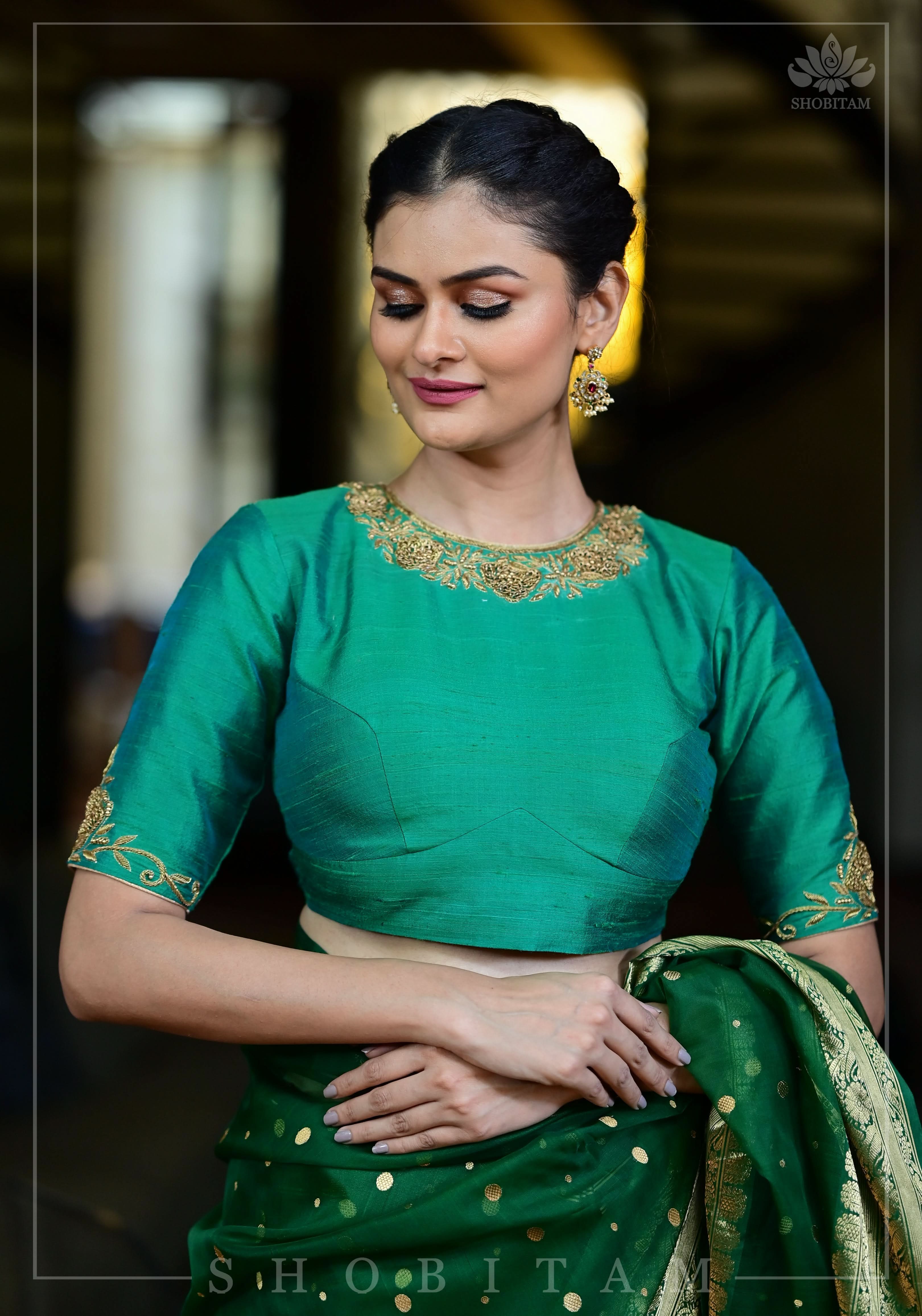 Green Dual Tone Pure Raw Silk Blouse with Antique Tone Zardosi work | Shobitam