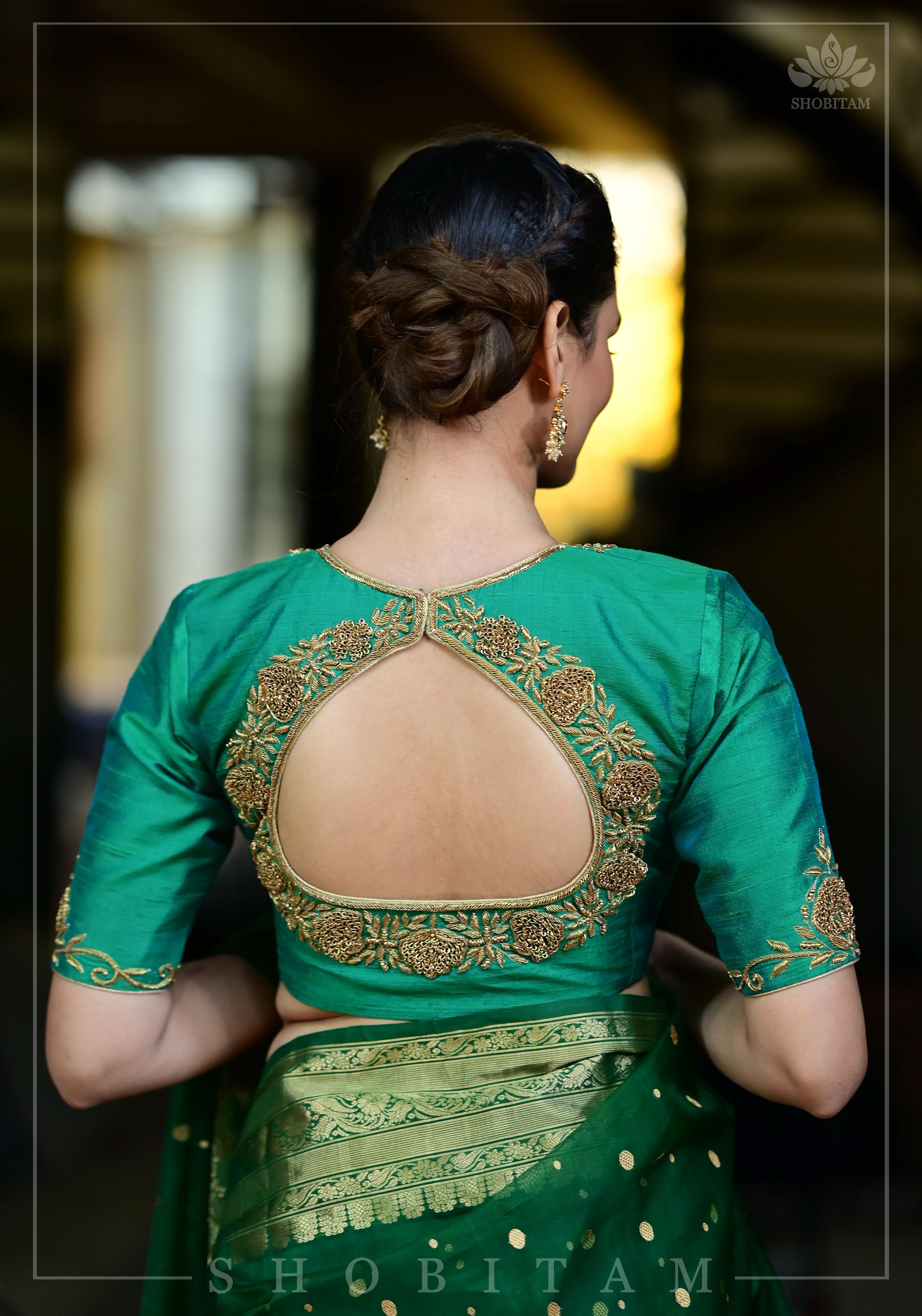 Green Dual Tone Pure Raw Silk Blouse with Antique Tone Zardosi work | Shobitam