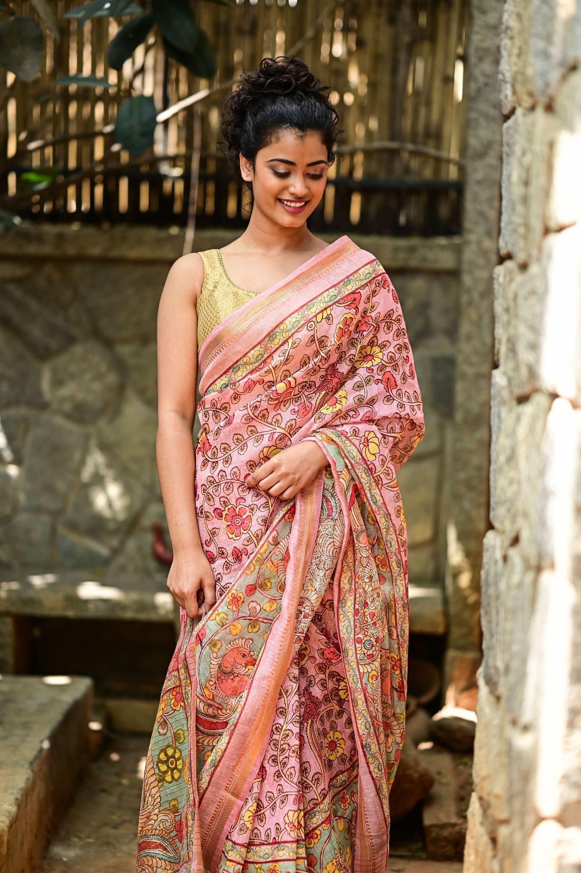 Rose Silk Linen Saree with Kalamkari Digital Print | Shobitam
