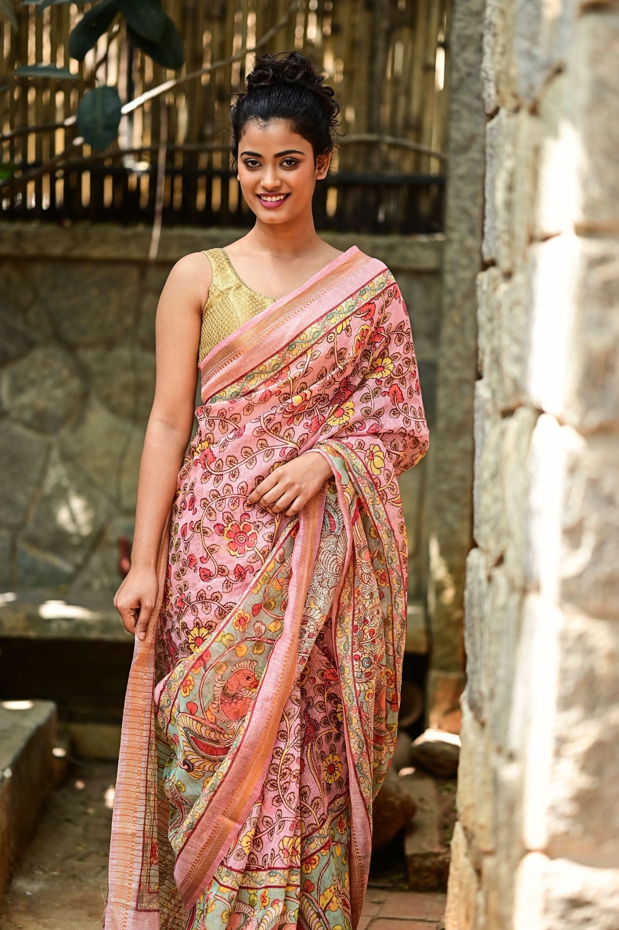 Rose Silk Linen Saree with Kalamkari Digital Print | Shobitam