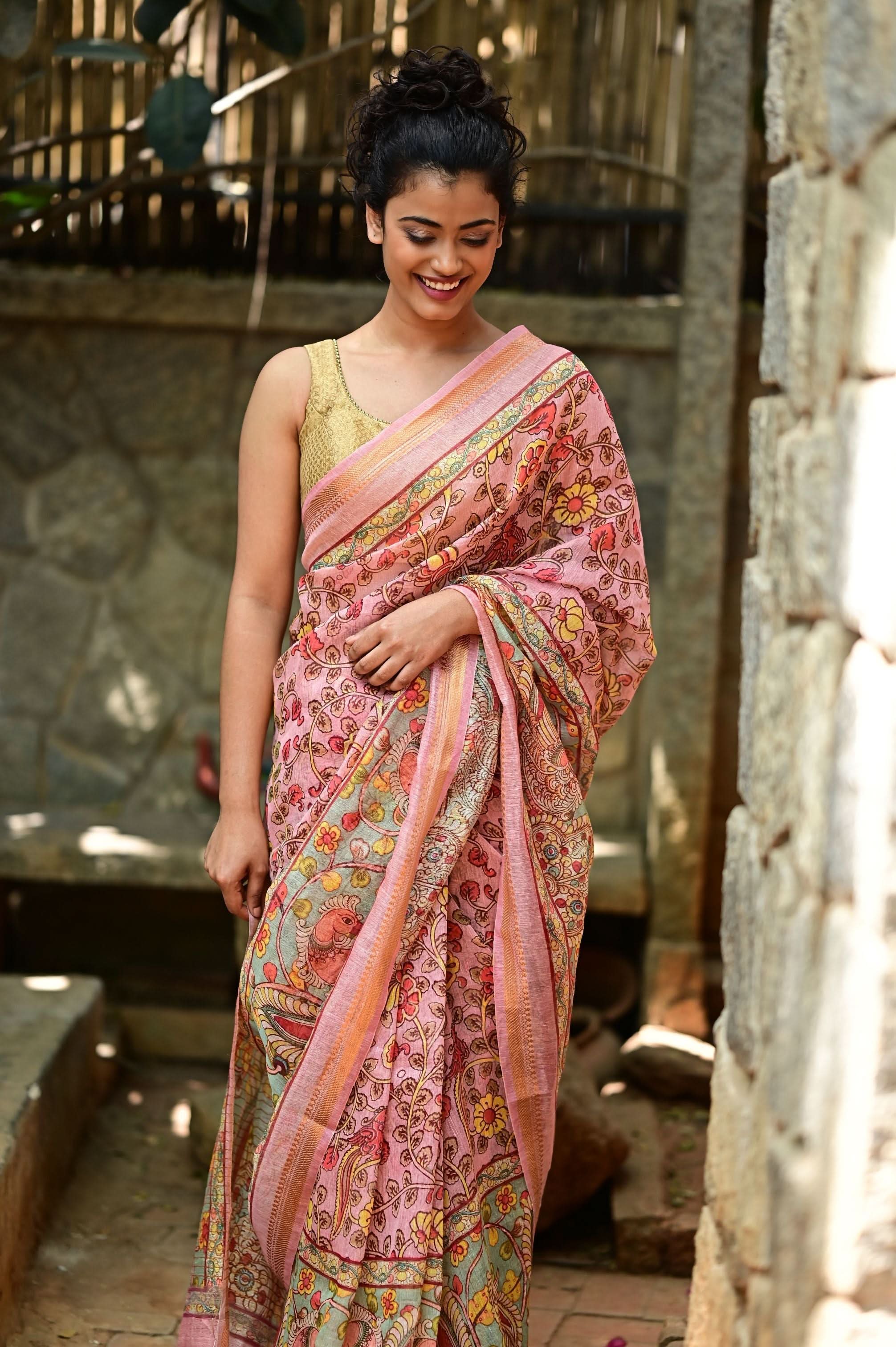 Rose Silk Linen Saree with Kalamkari Digital Print | Shobitam