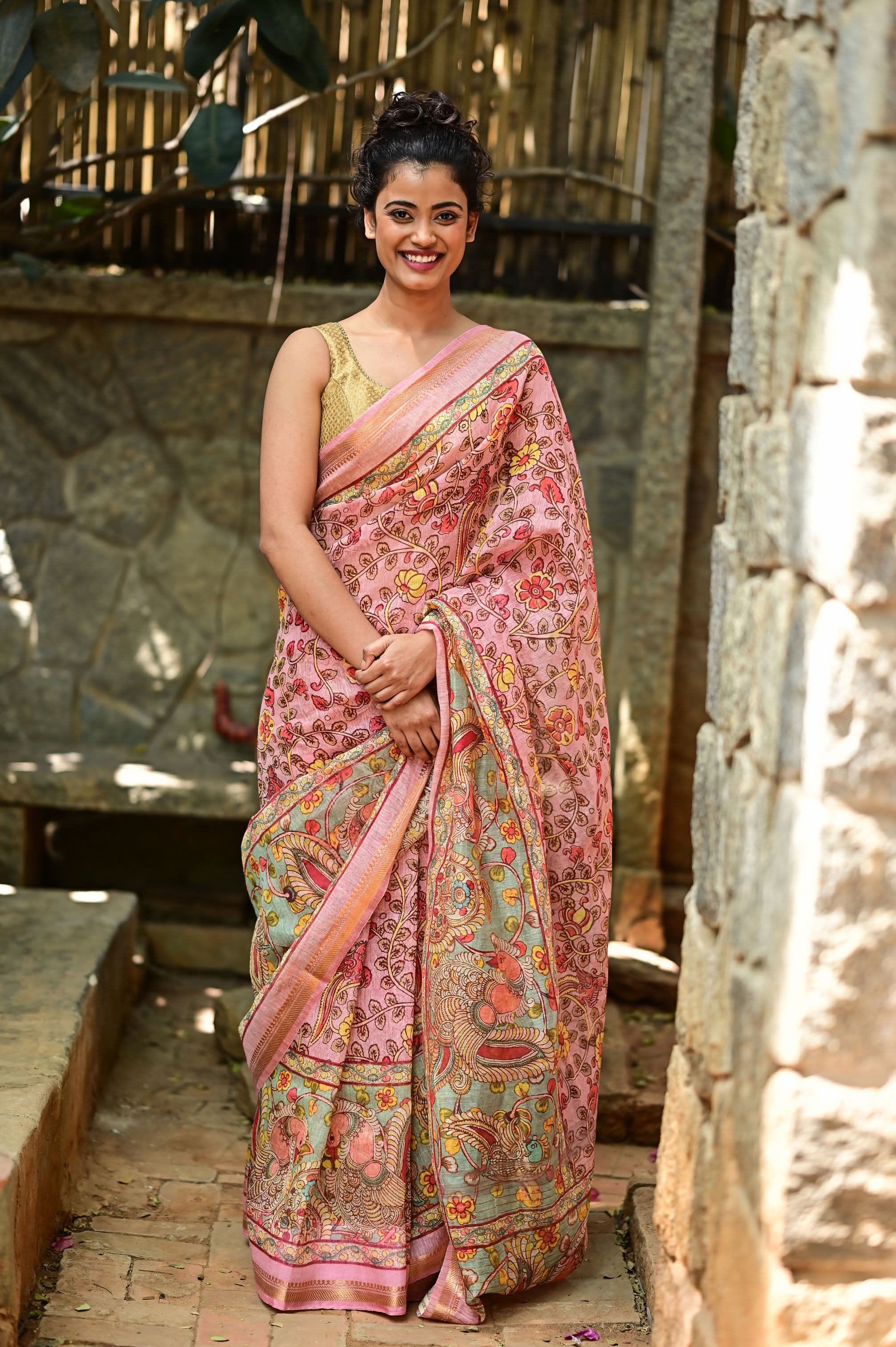 Rose Silk Linen Saree with Kalamkari Digital Print | Shobitam