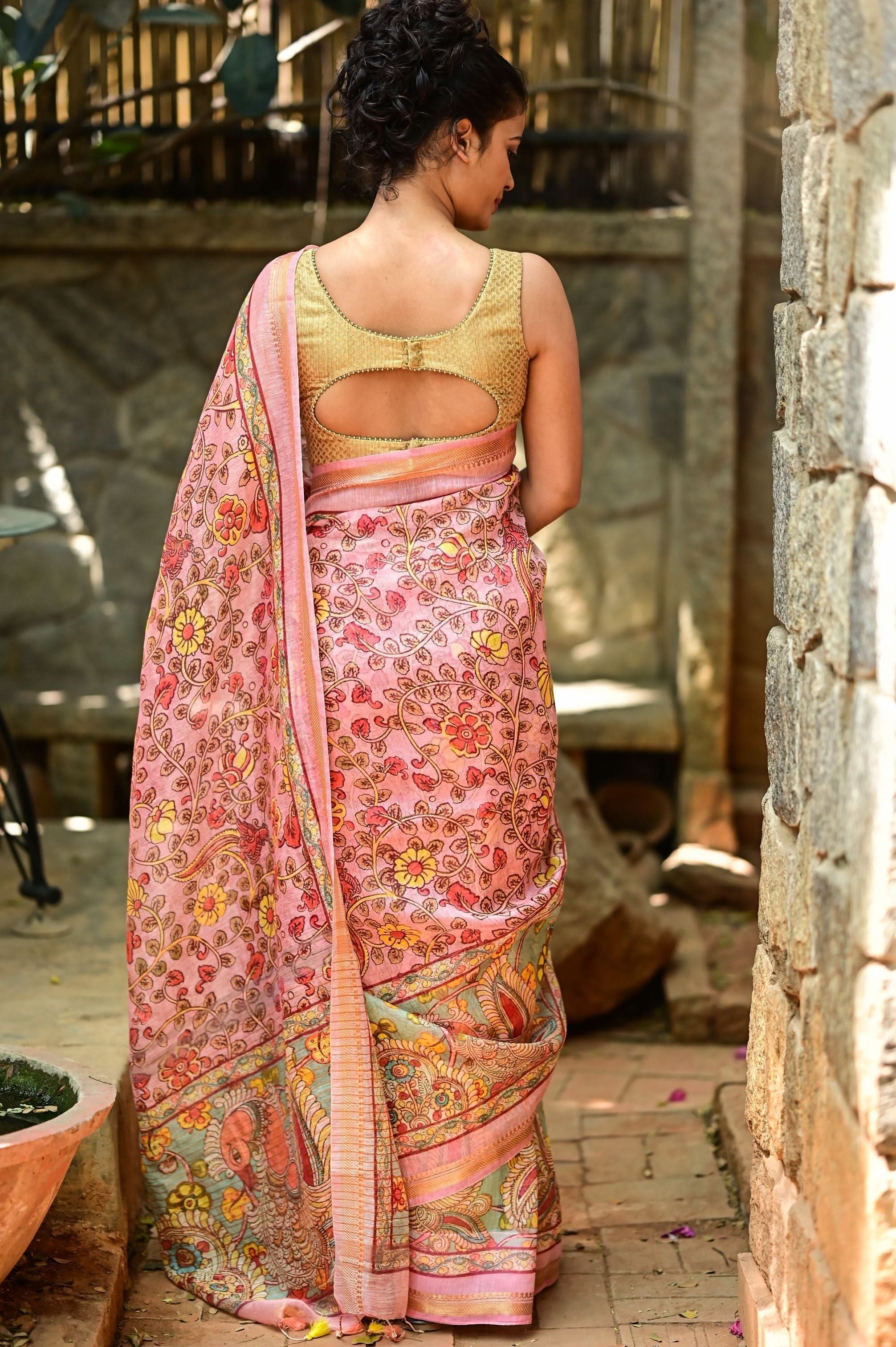 Rose Silk Linen Saree with Kalamkari Digital Print | Shobitam
