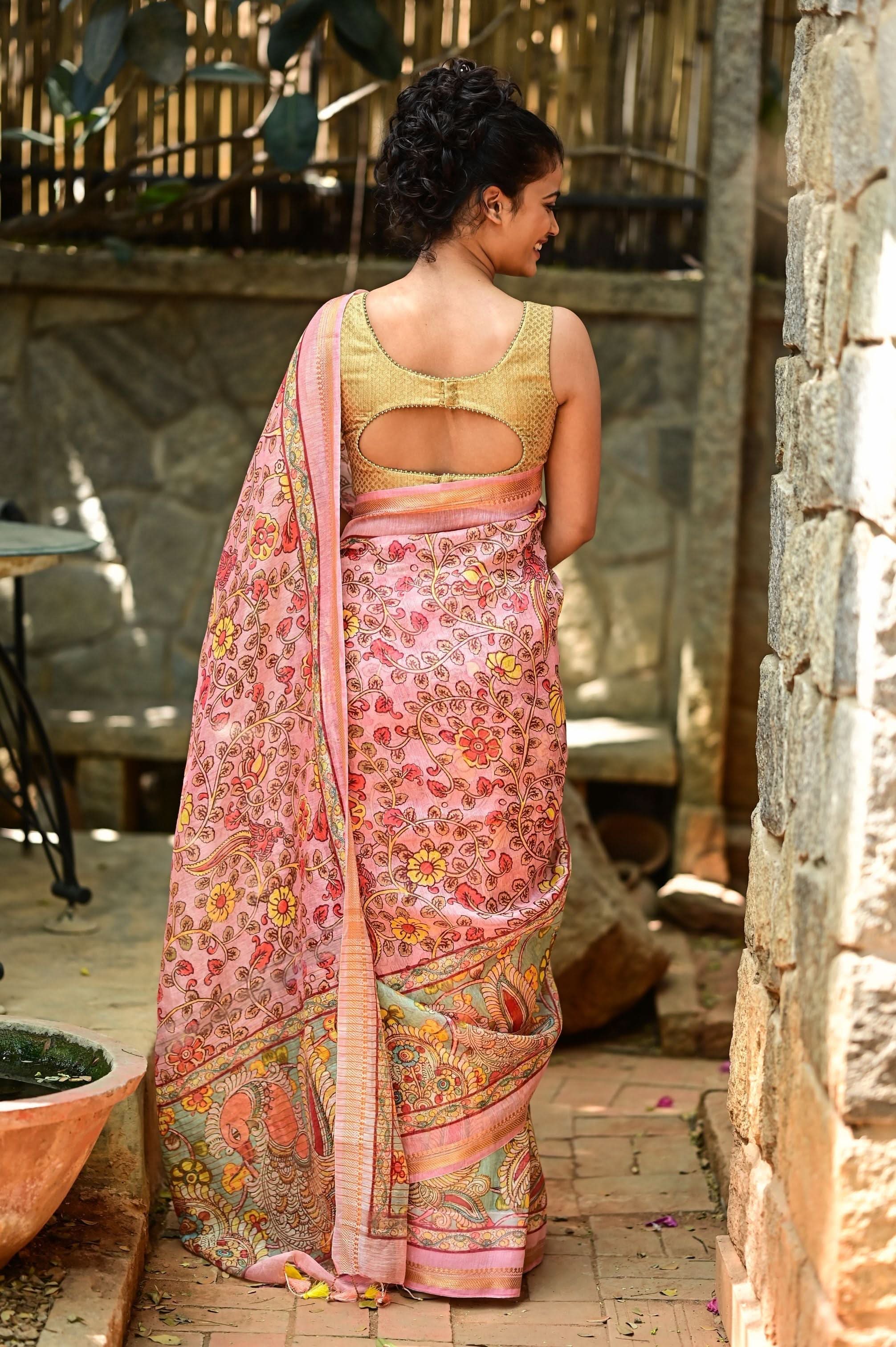 Rose Silk Linen Saree with Kalamkari Digital Print | Shobitam