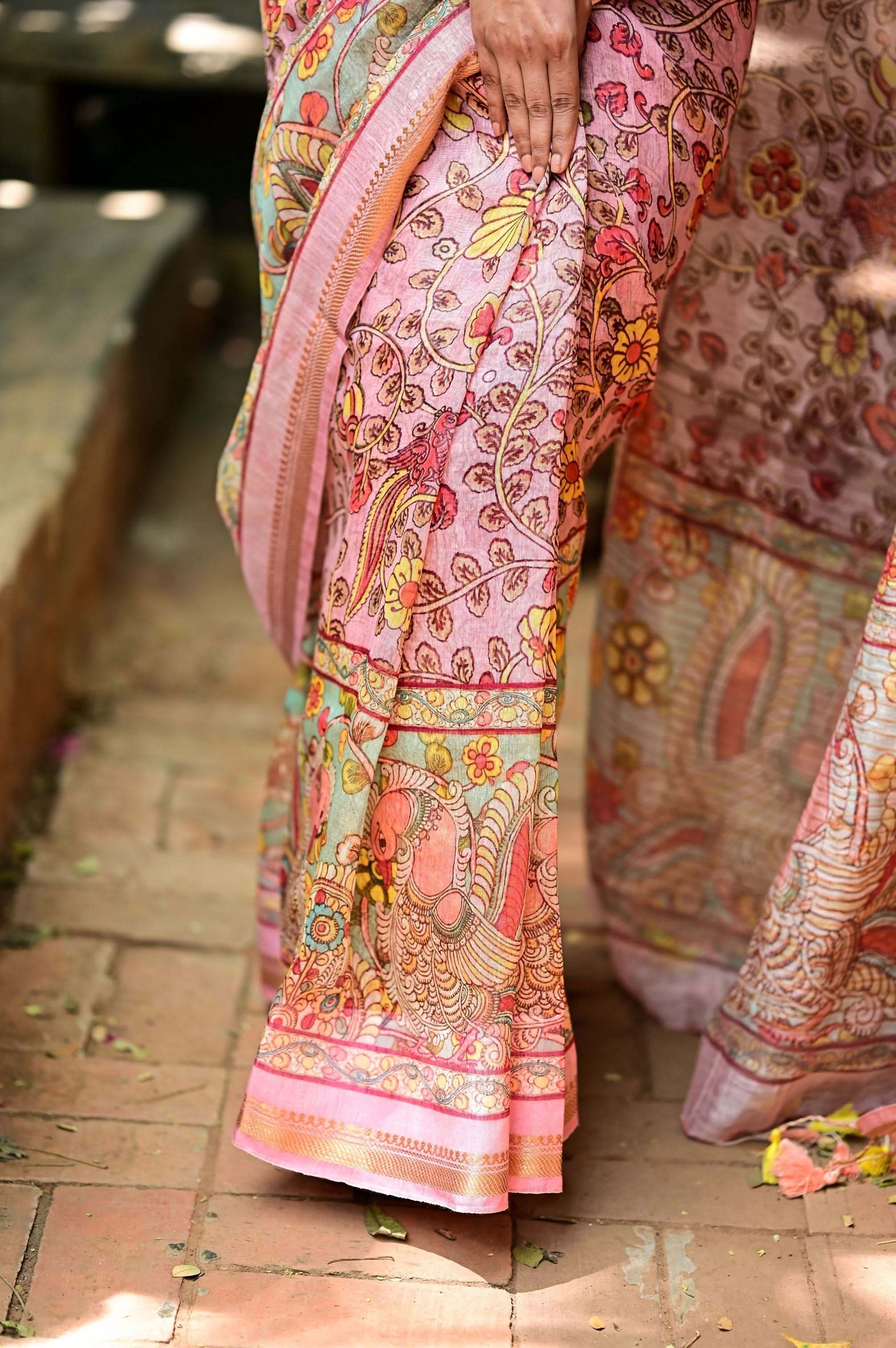 Rose Silk Linen Saree with Kalamkari Digital Print | Shobitam