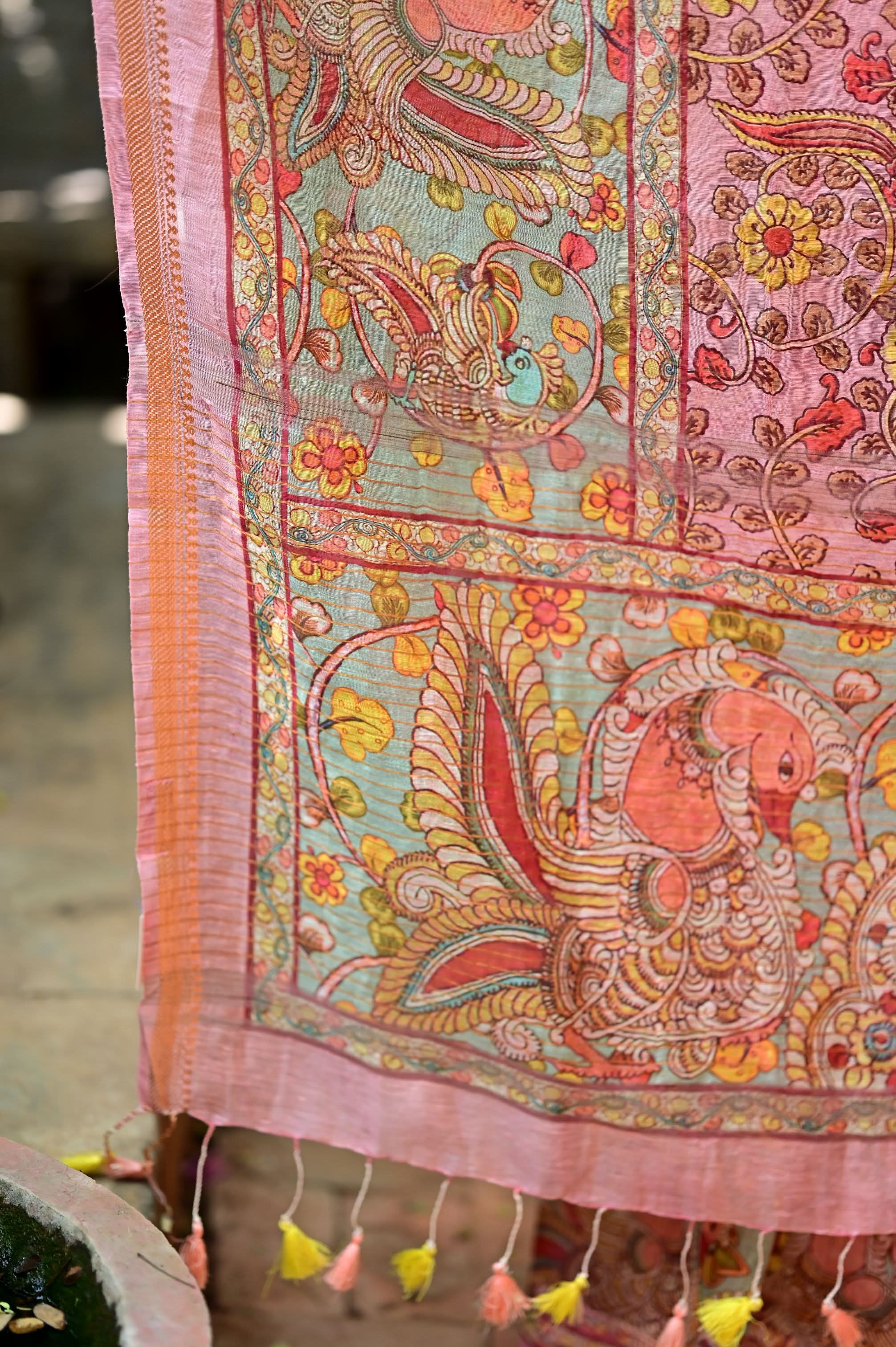 Rose Silk Linen Saree with Kalamkari Digital Print | Shobitam