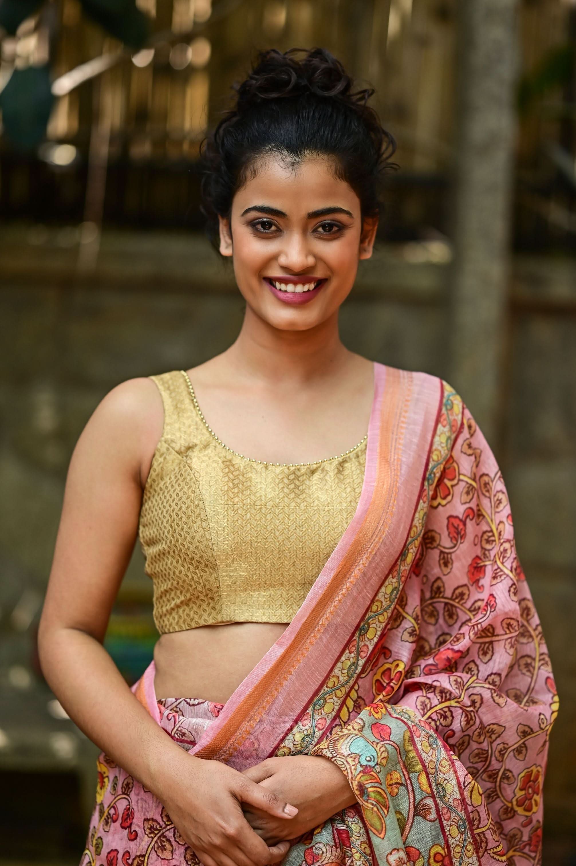 Rose Silk Linen Saree with Kalamkari Digital Print | Shobitam