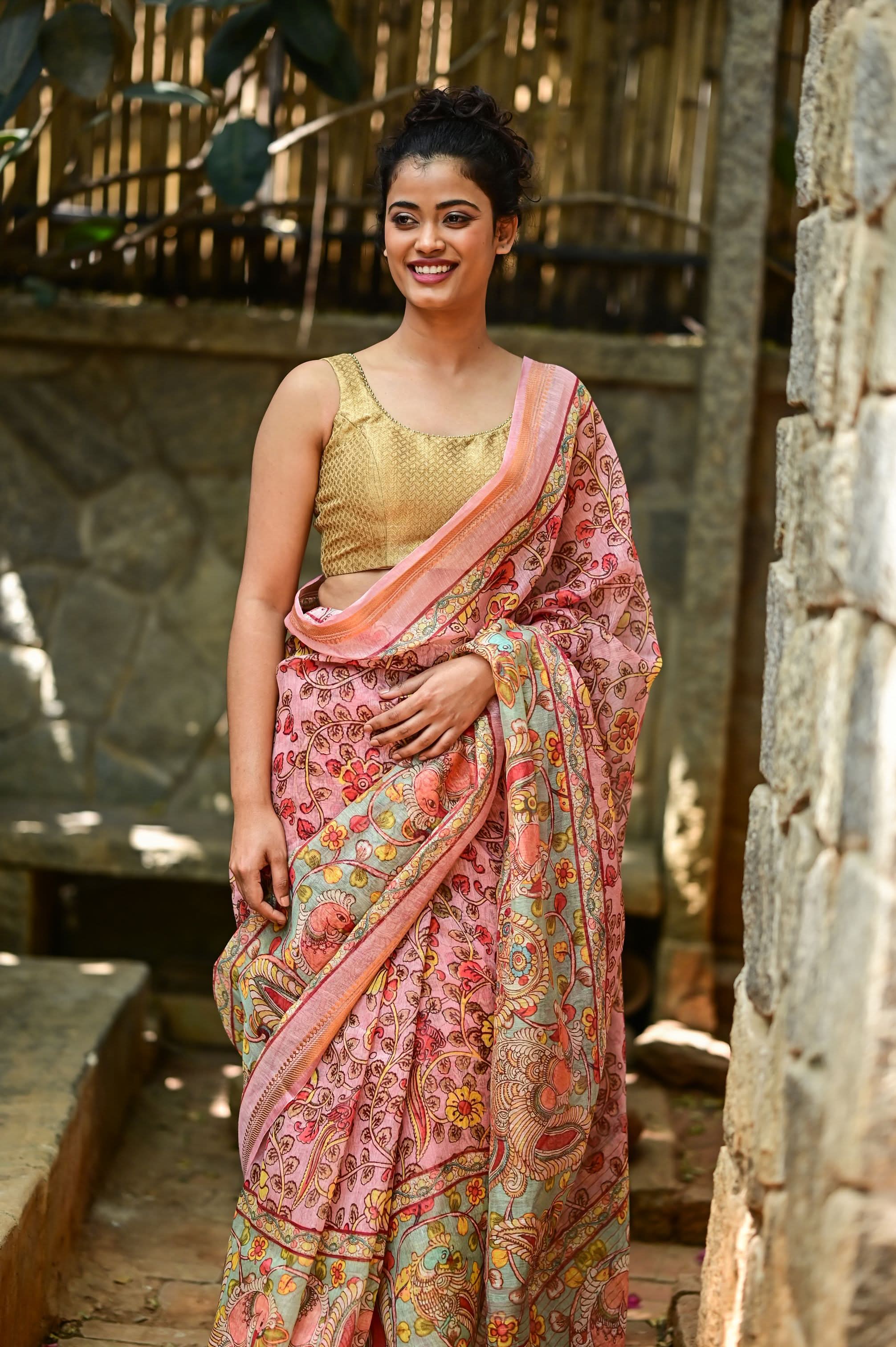 Rose Silk Linen Saree with Kalamkari Digital Print | Shobitam