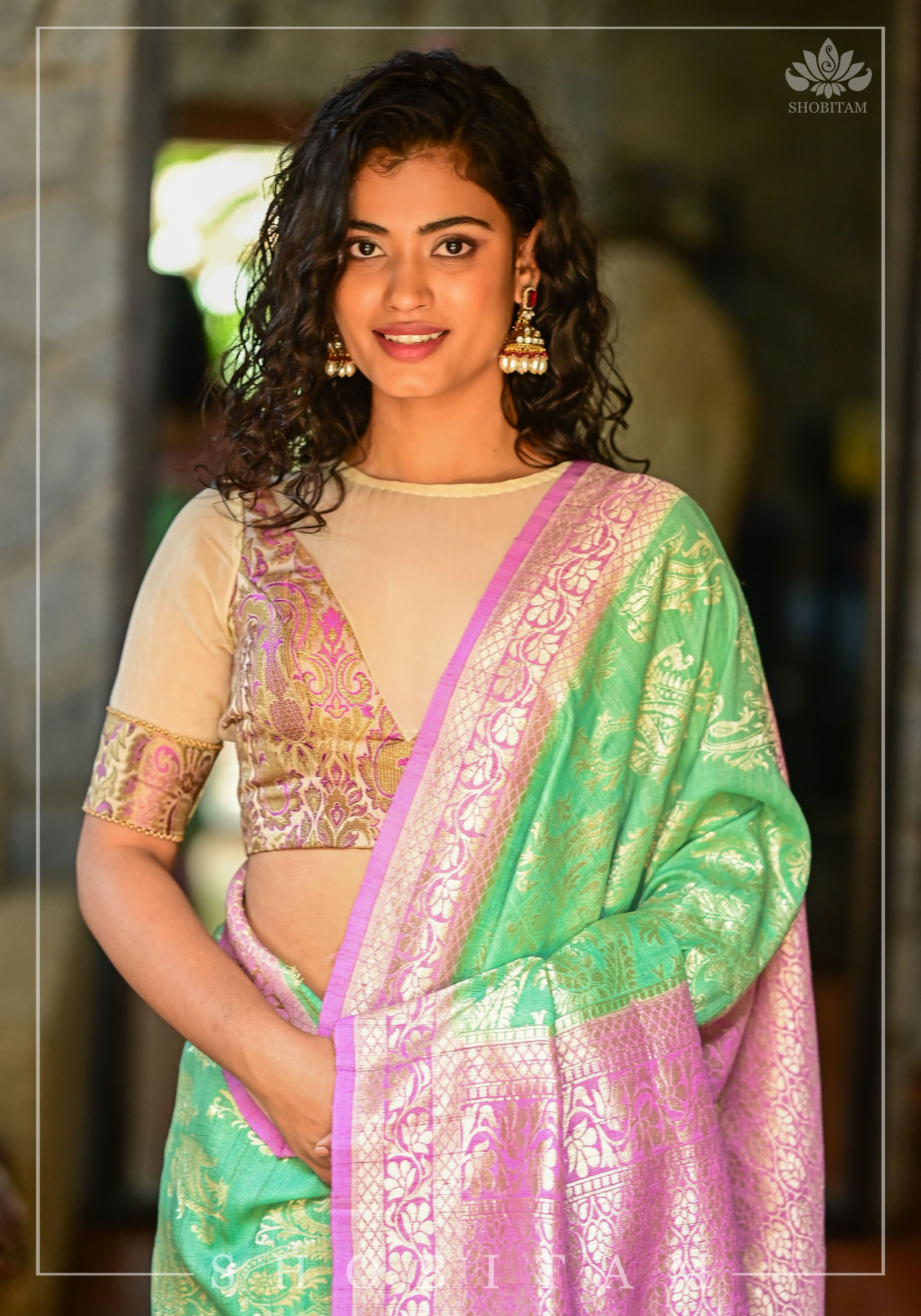 Purple Banarasi Blouse with sheer yoke, back and sleeves in beige net | Shobitam