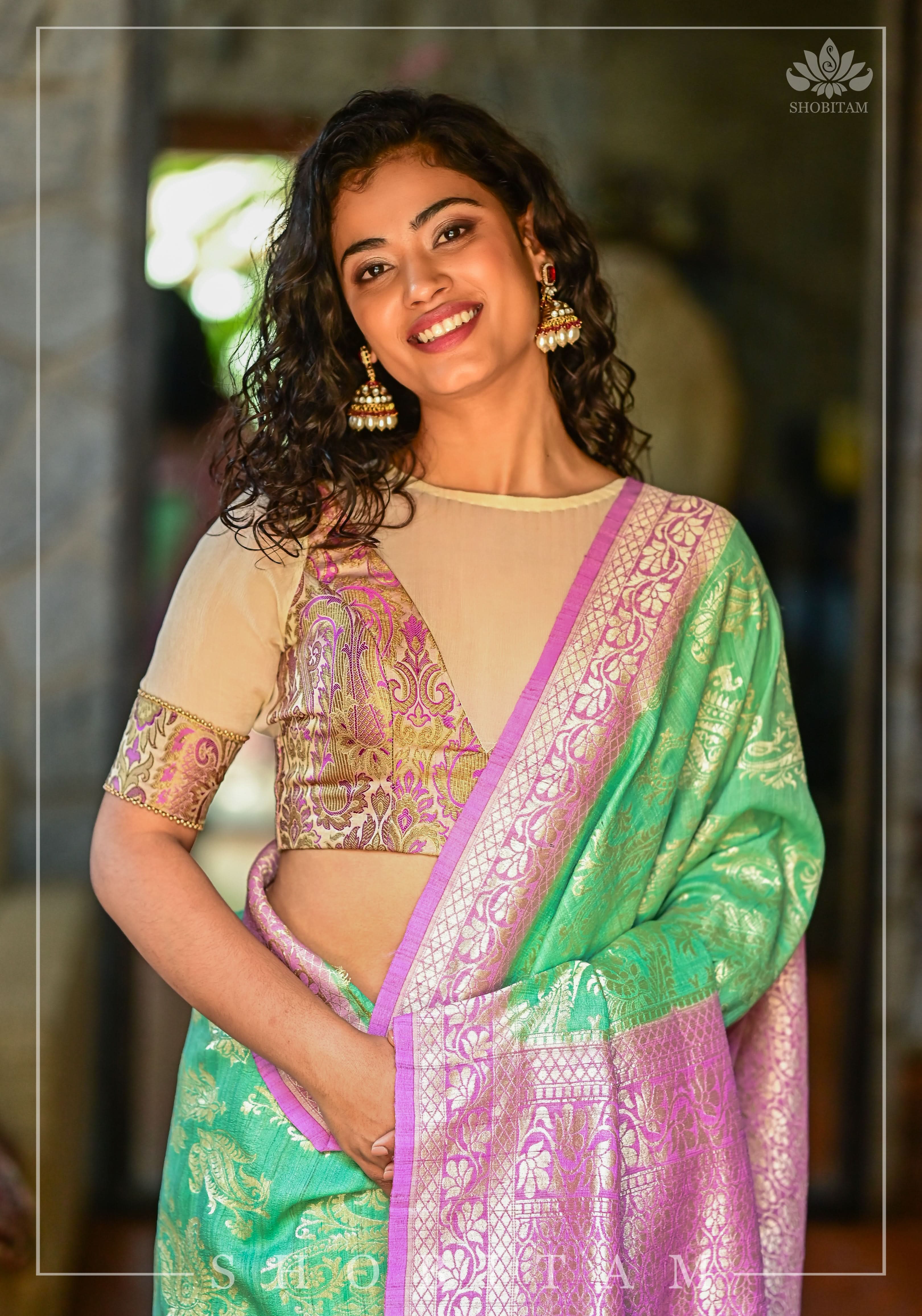 Purple Banarasi Blouse with sheer yoke, back and sleeves in beige net | Shobitam