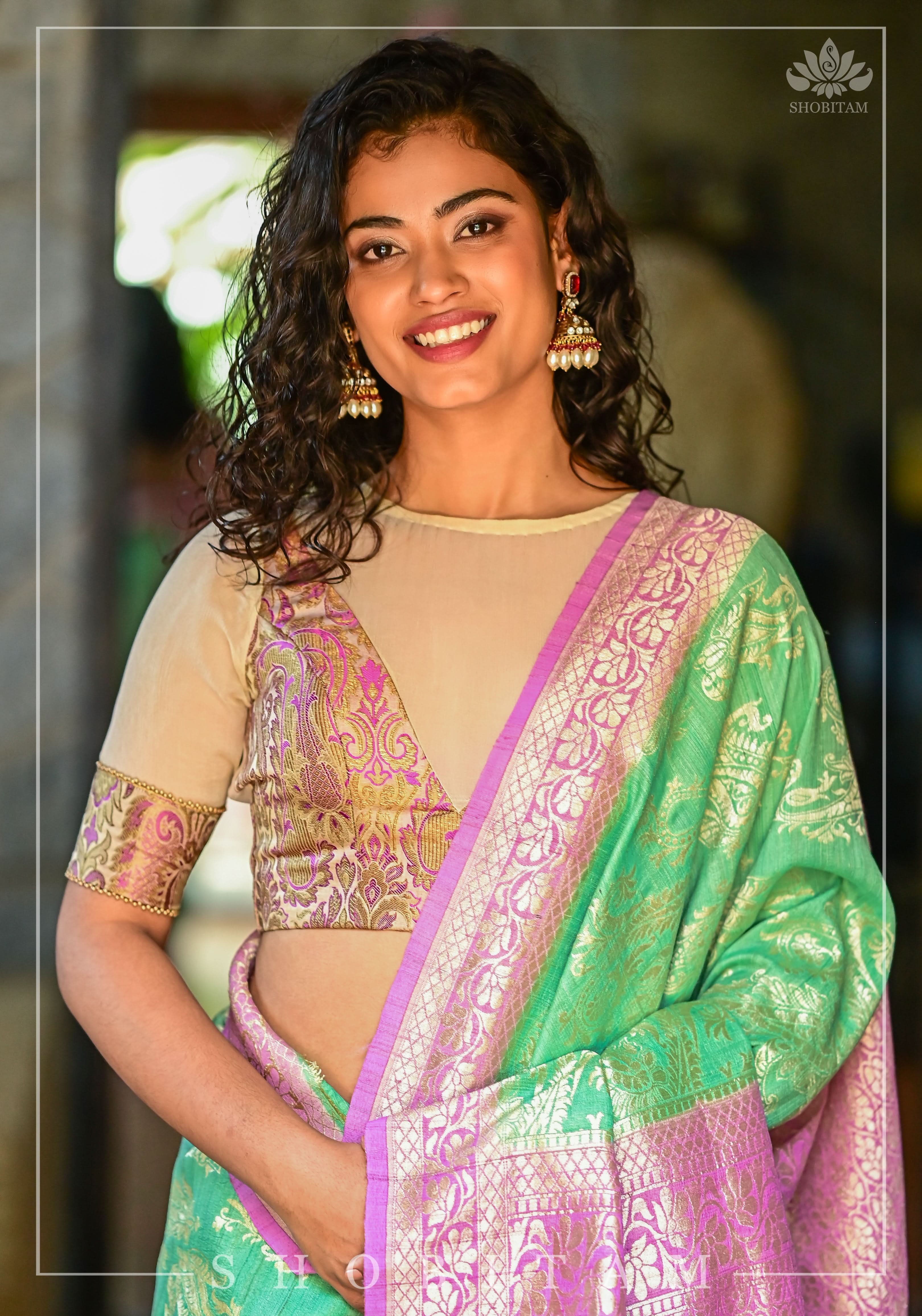 Purple Banarasi Blouse with sheer yoke, back and sleeves in beige net | Shobitam
