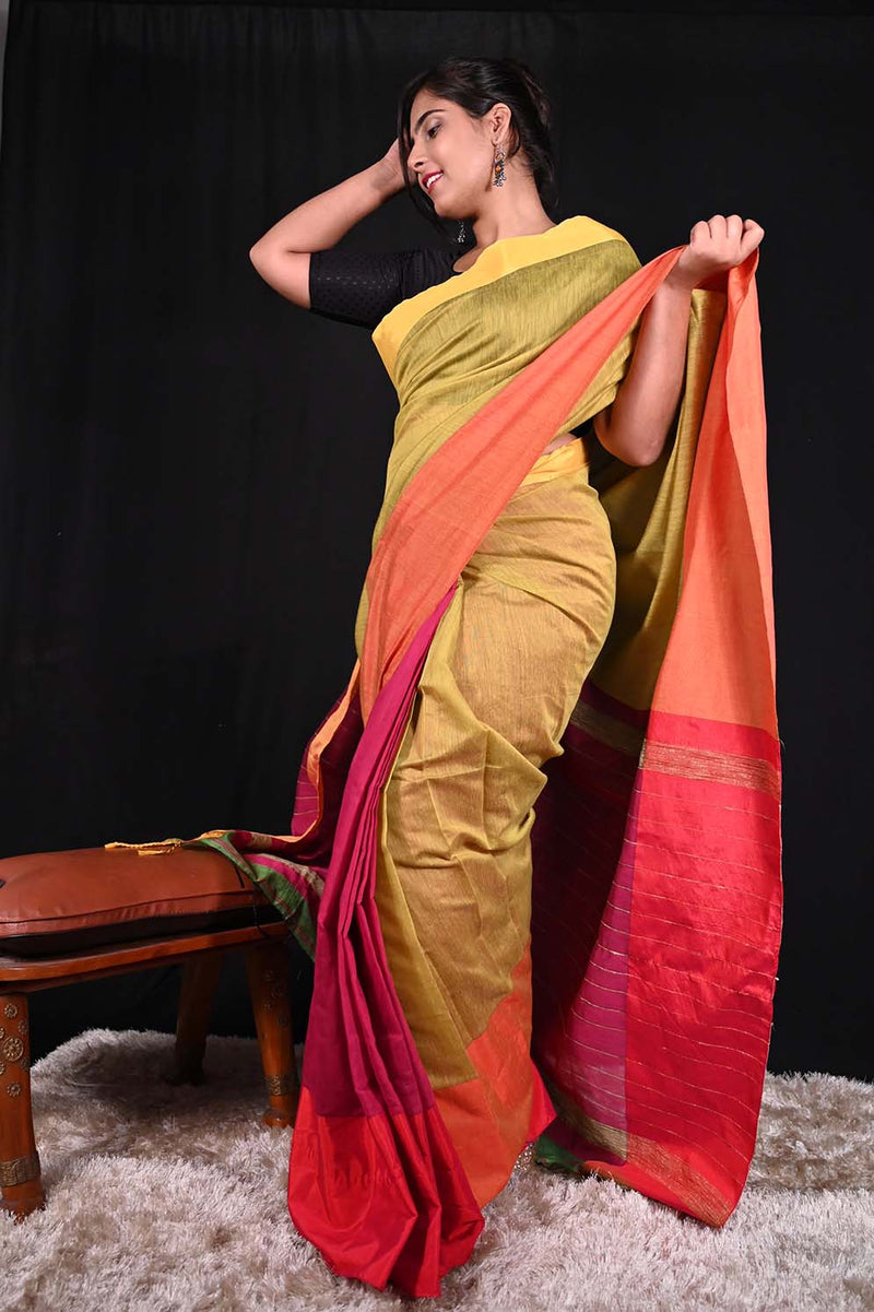 Green-Pink-Mustard Cotton Handloom Wrap in one minute saree - Isadora Life