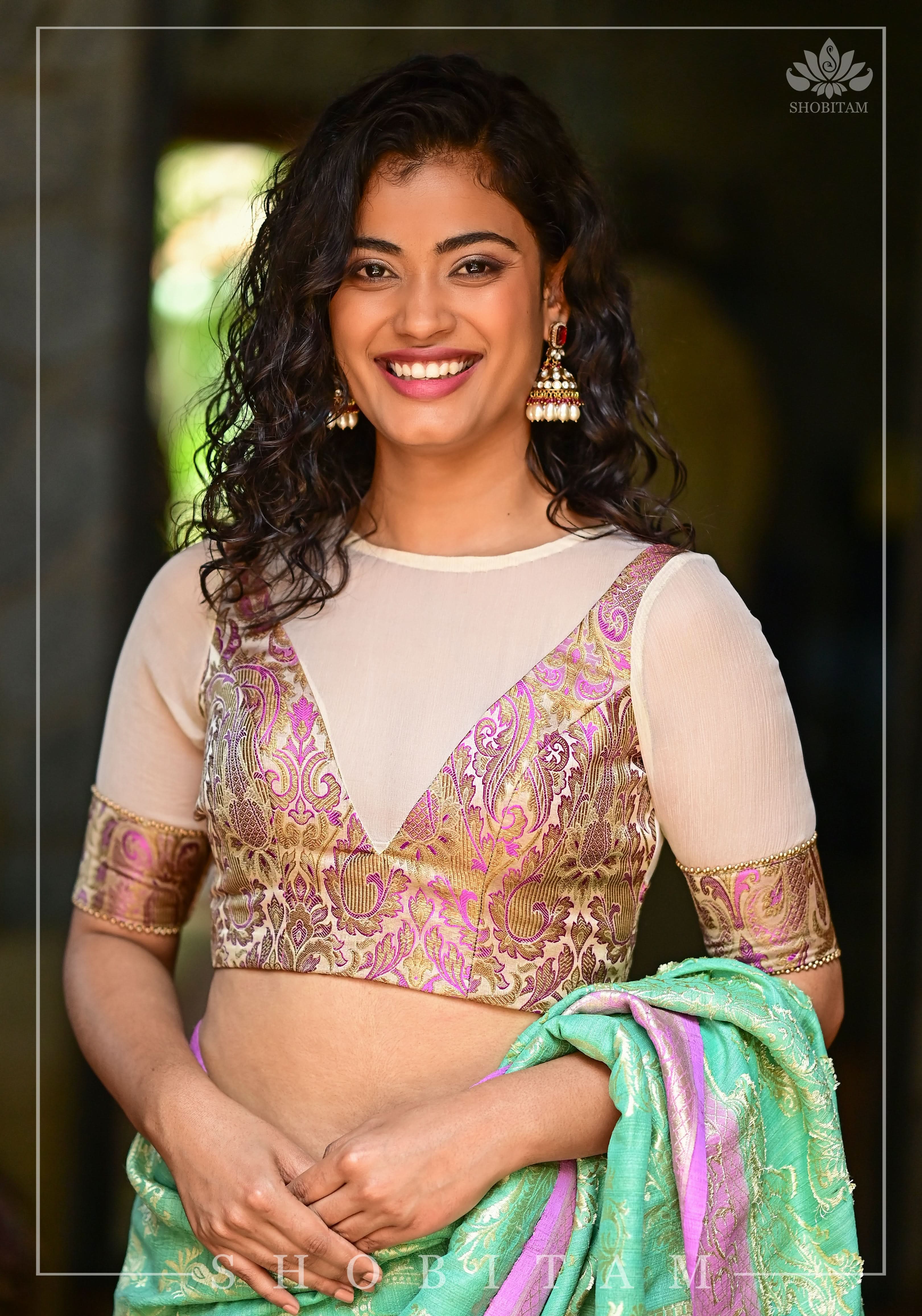 Purple Banarasi Blouse with sheer yoke, back and sleeves in beige net | Shobitam