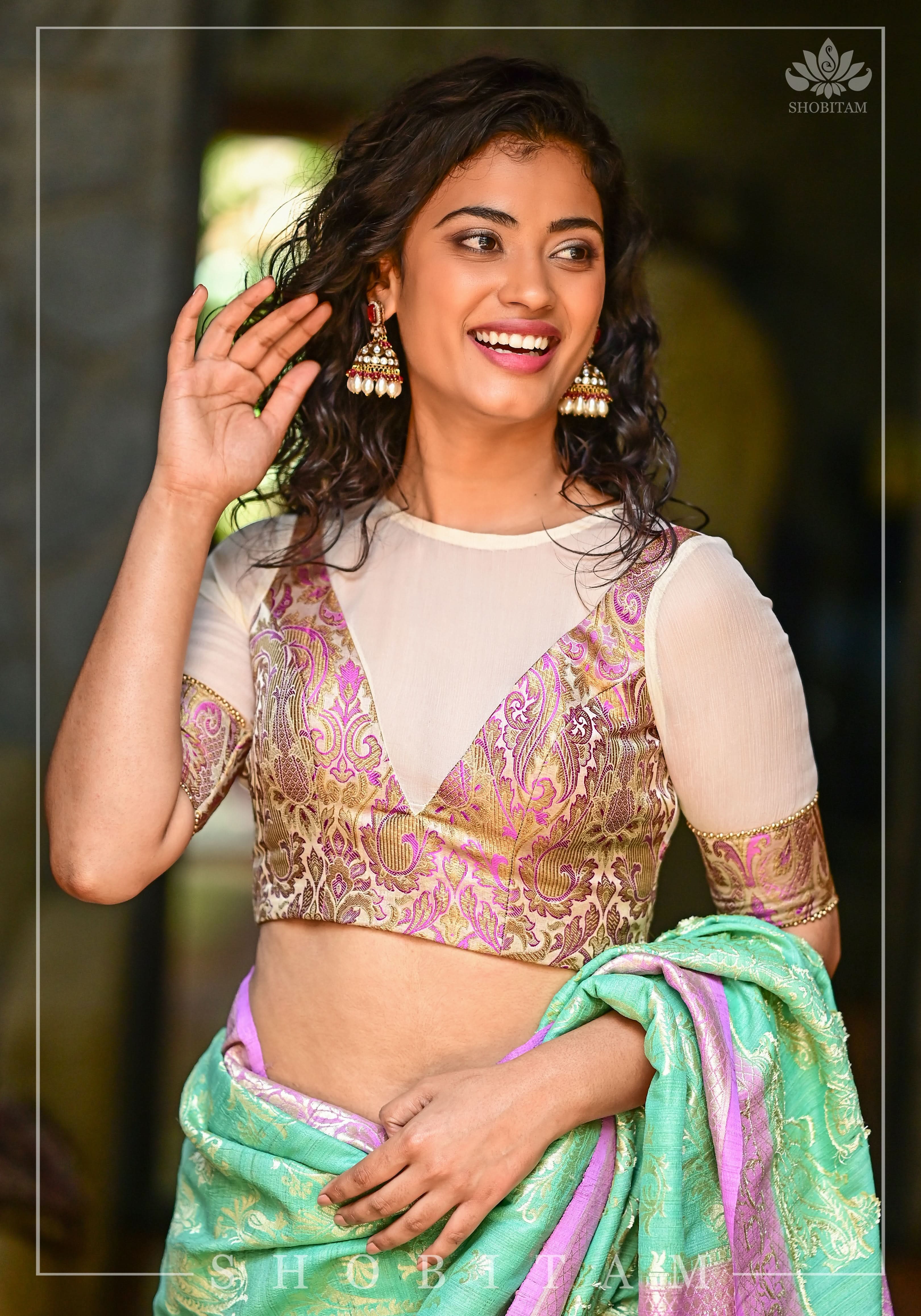 Purple Banarasi Blouse with sheer yoke, back and sleeves in beige net | Shobitam