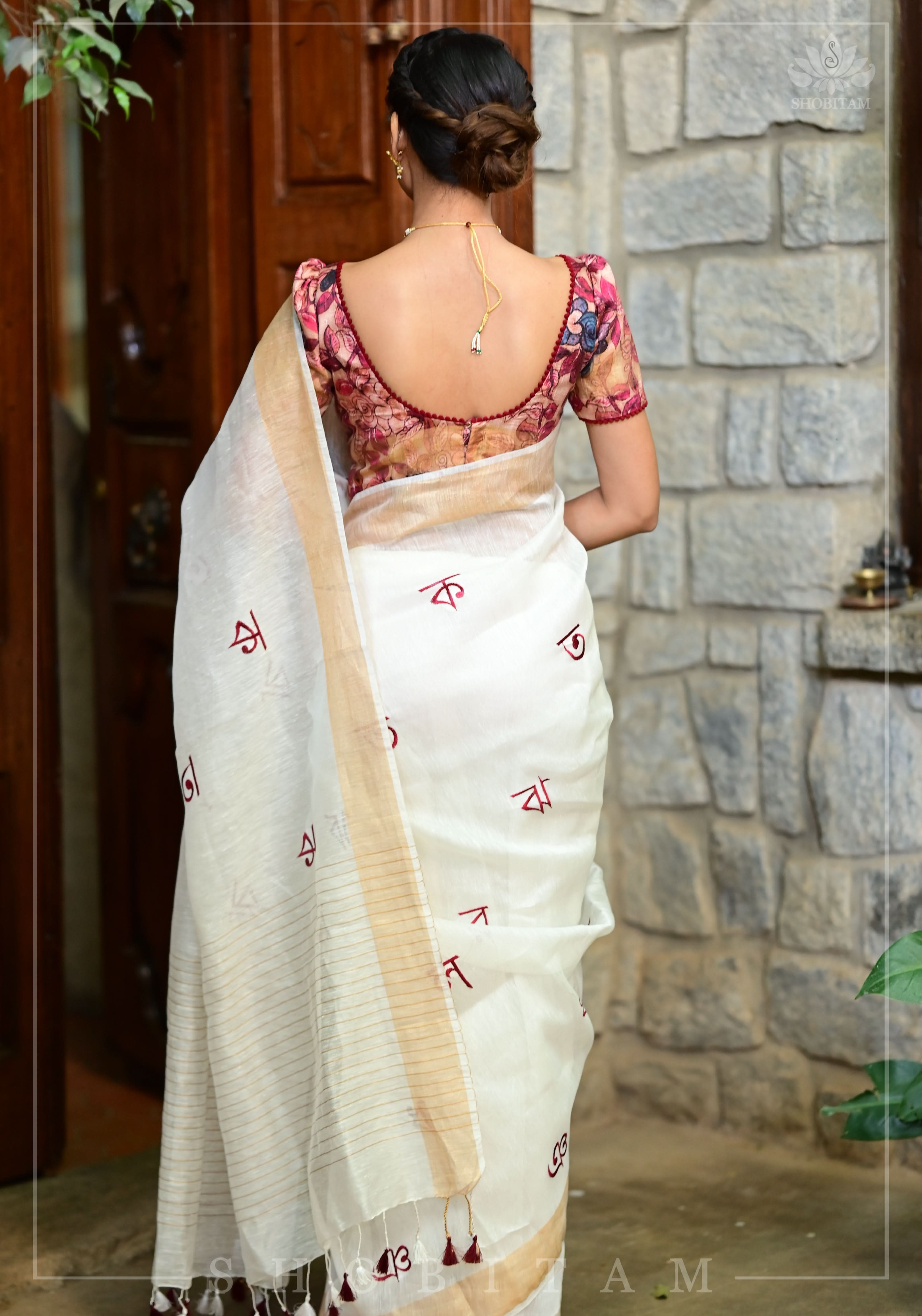 Bangla Alphabets embroidered Silk Linen Saree | Shobitam