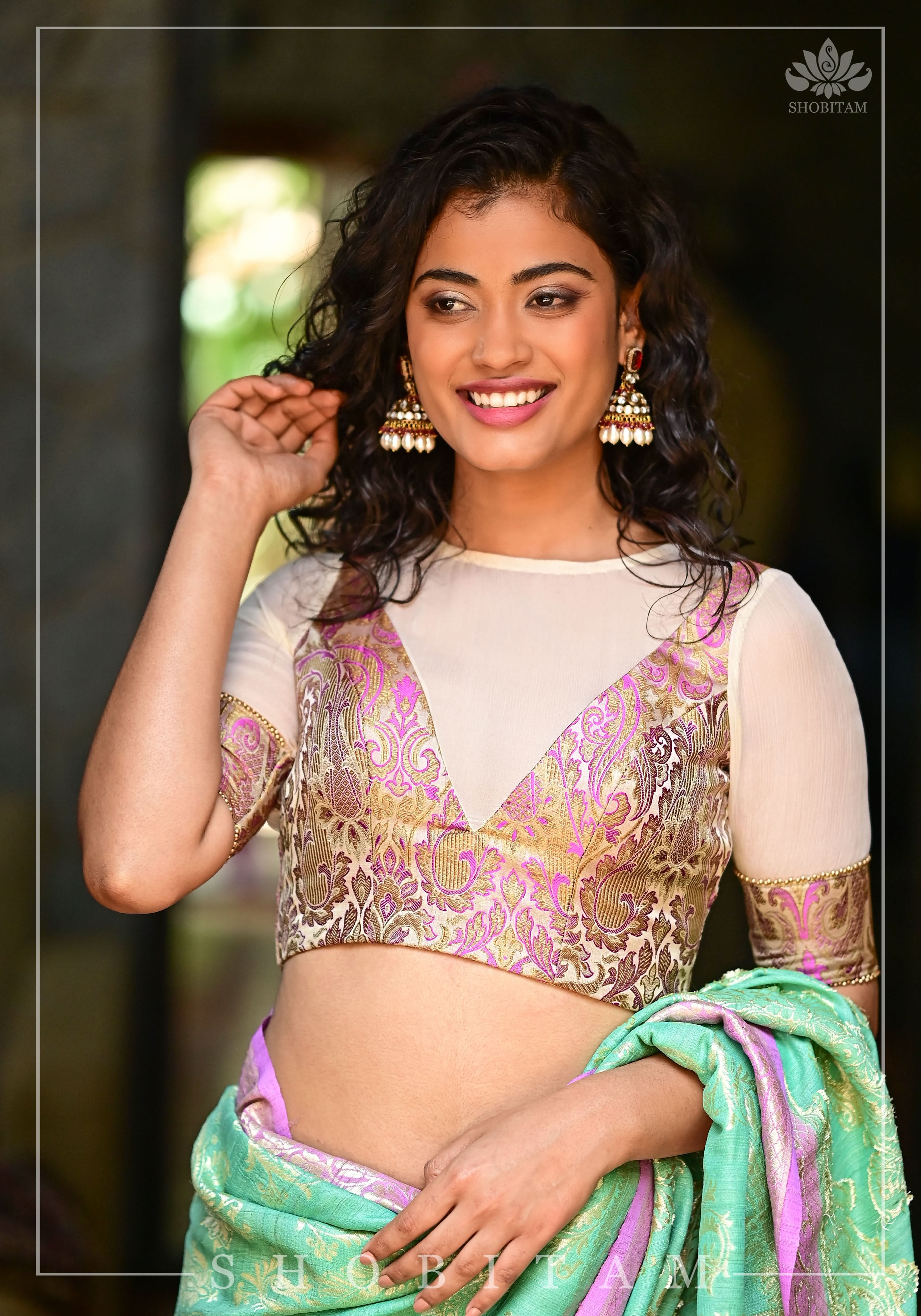 Purple Banarasi Blouse with sheer yoke, back and sleeves in beige net | Shobitam