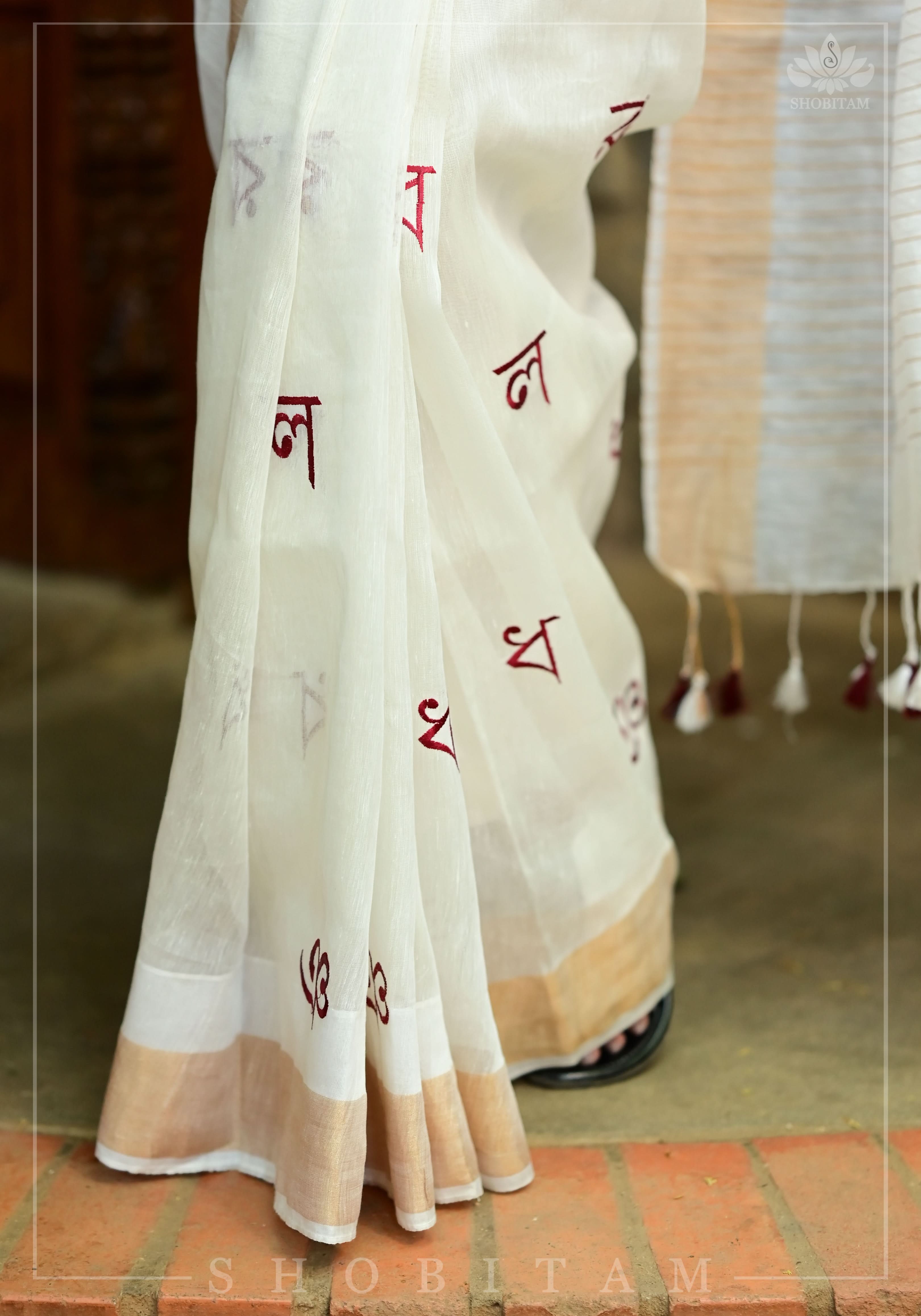 Bangla Alphabets embroidered Silk Linen Saree | Shobitam