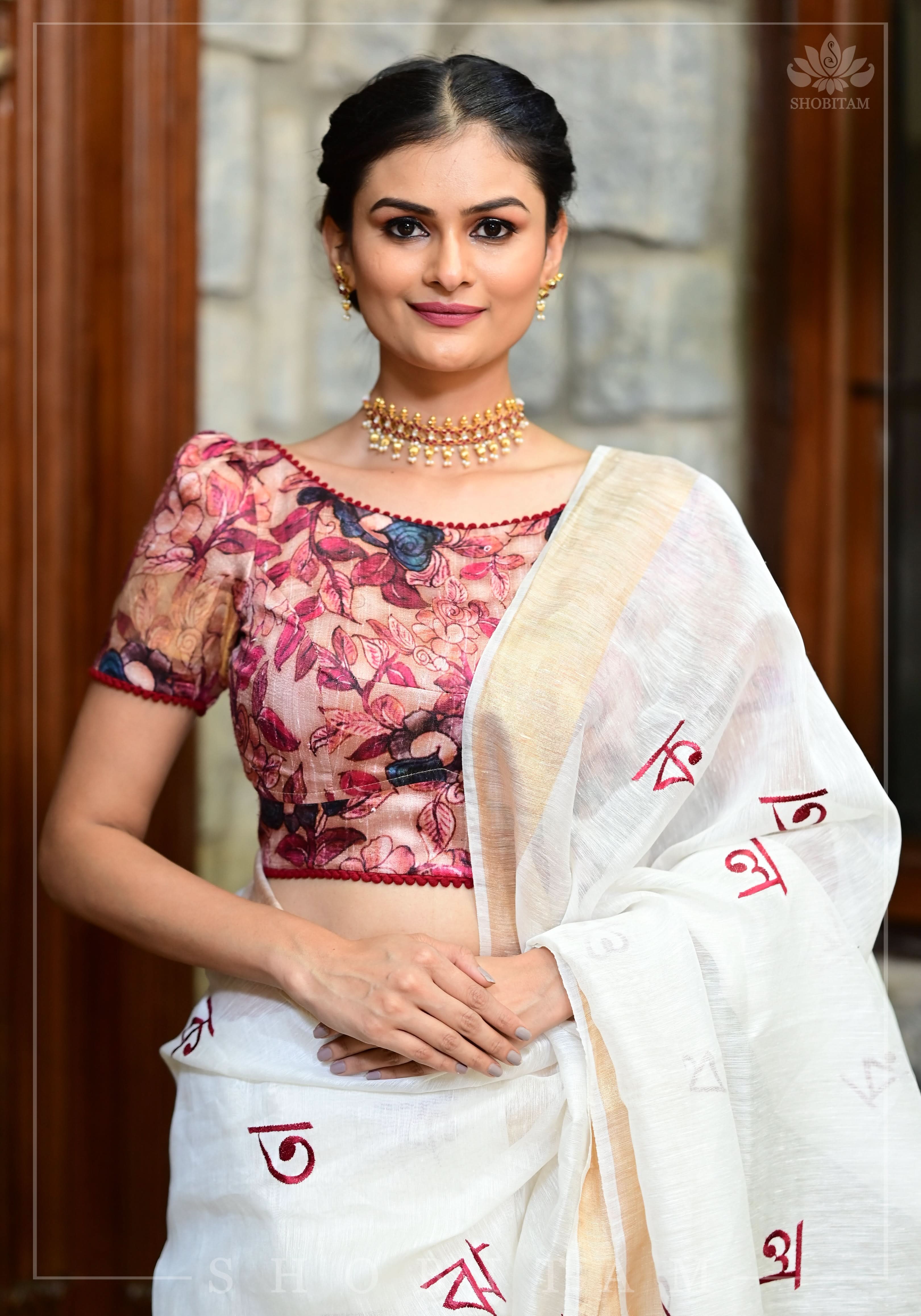 Bangla Alphabets embroidered Silk Linen Saree | Shobitam
