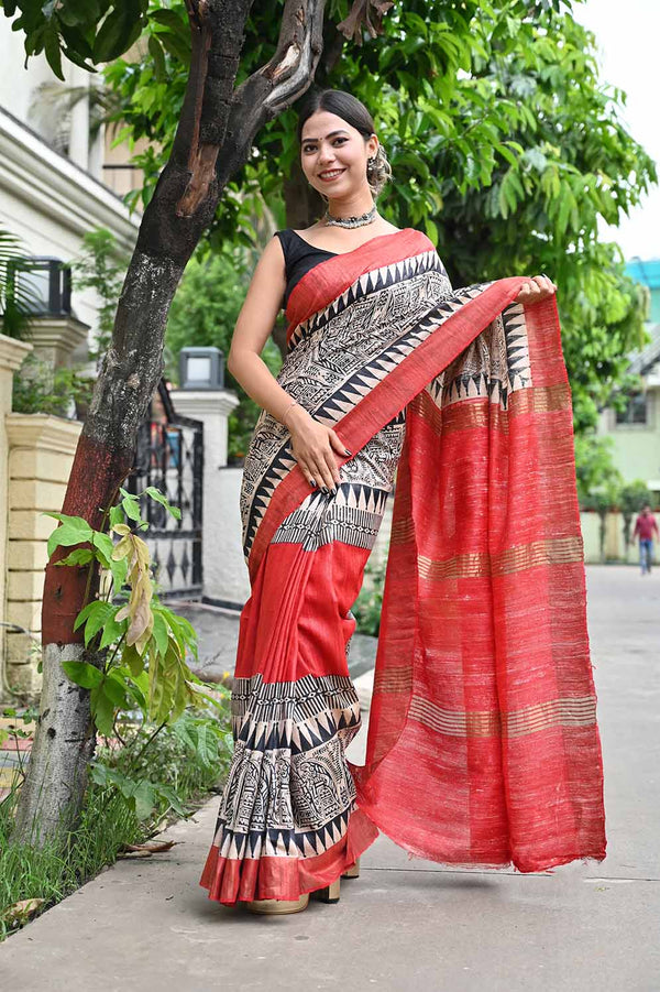 Ready To Wear Beige & Red  Tussar Giccha Soft Handloom Silk Wrap in 1 minute saree