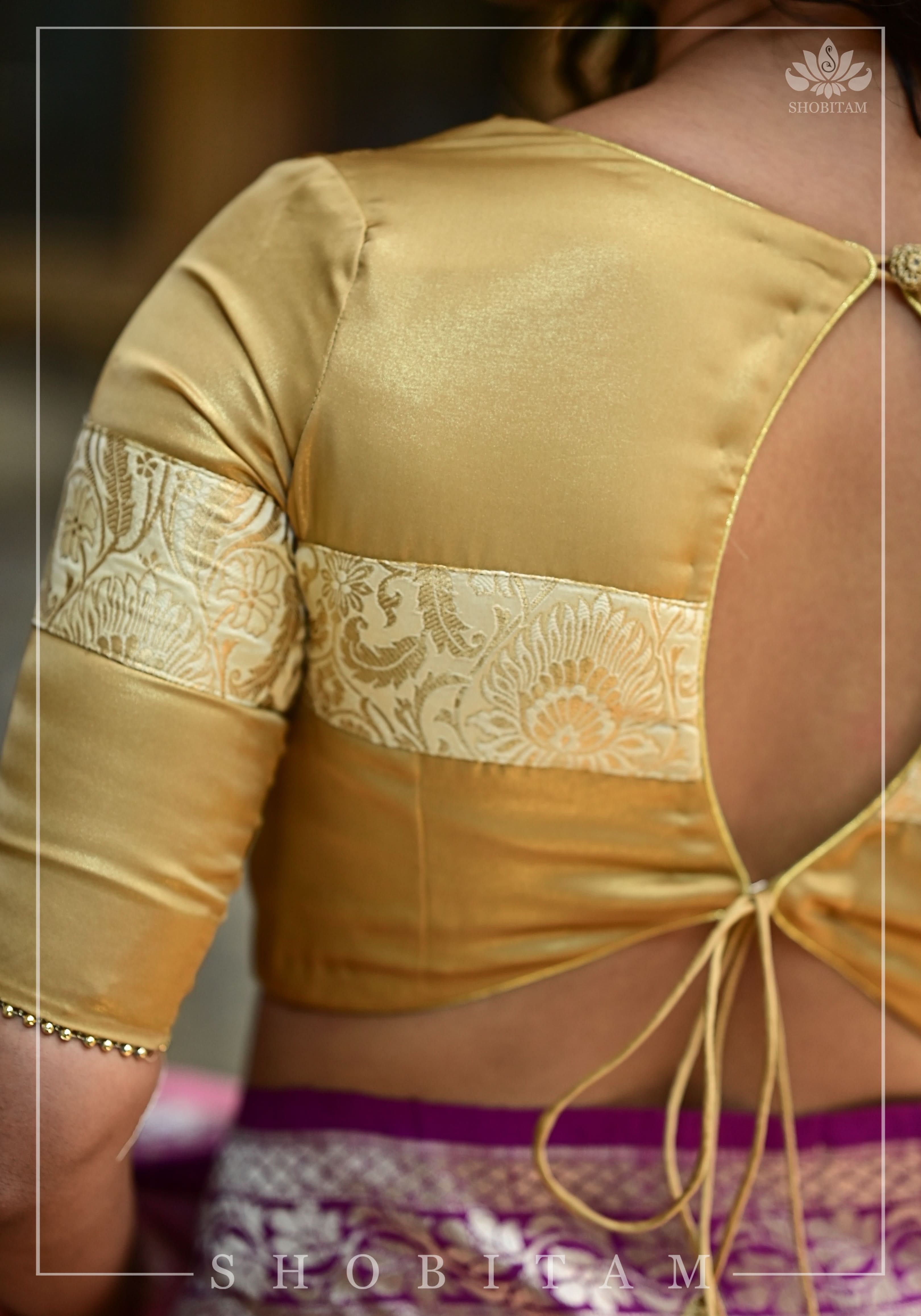 Gold tone Blouse with Tan Banarasi band and keyhole back | Shobitam