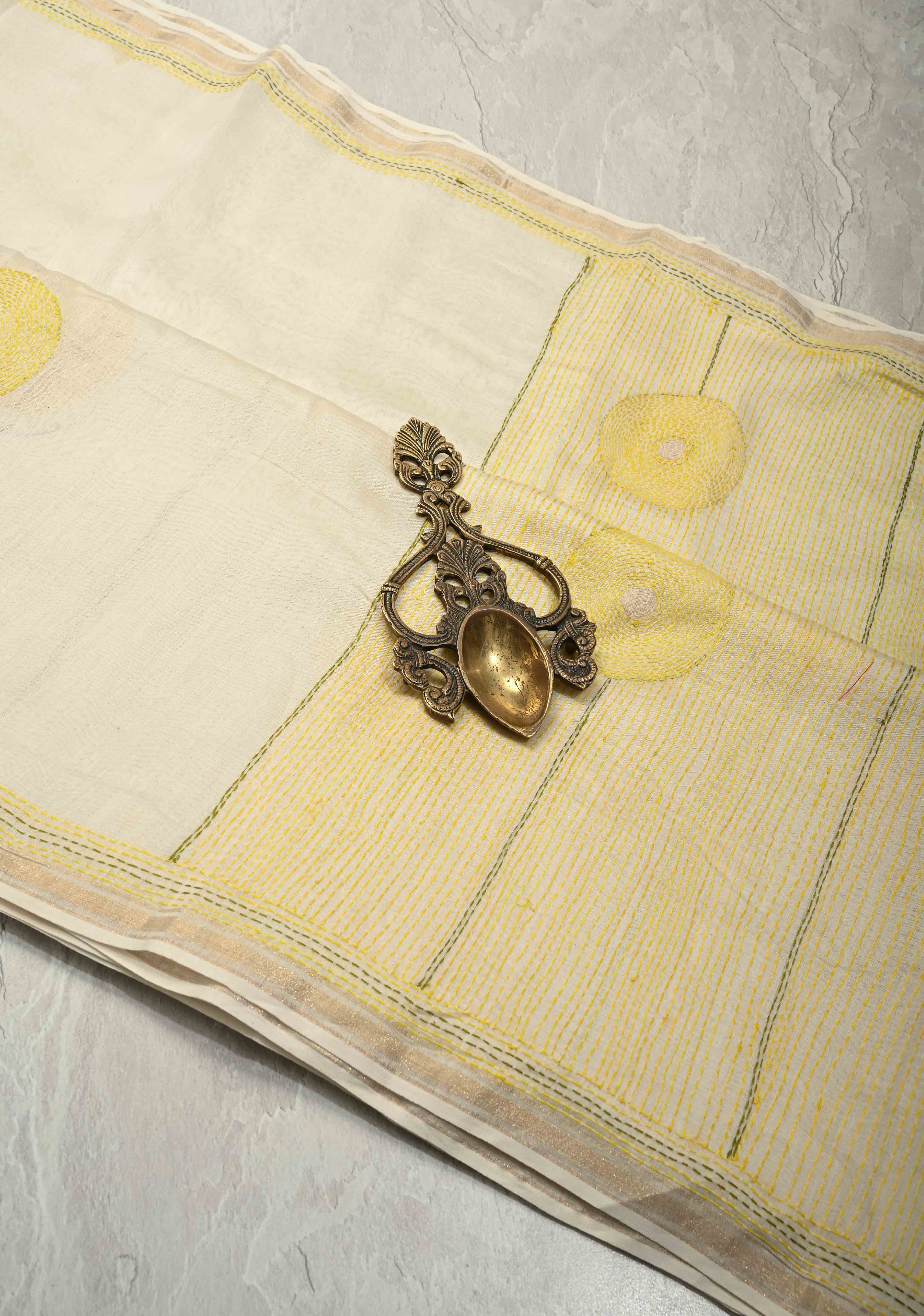 Ivory Sunflower theme chanderi silk sareee With Sujni Embrideory with Minimal Zari Border | SHOBITAM